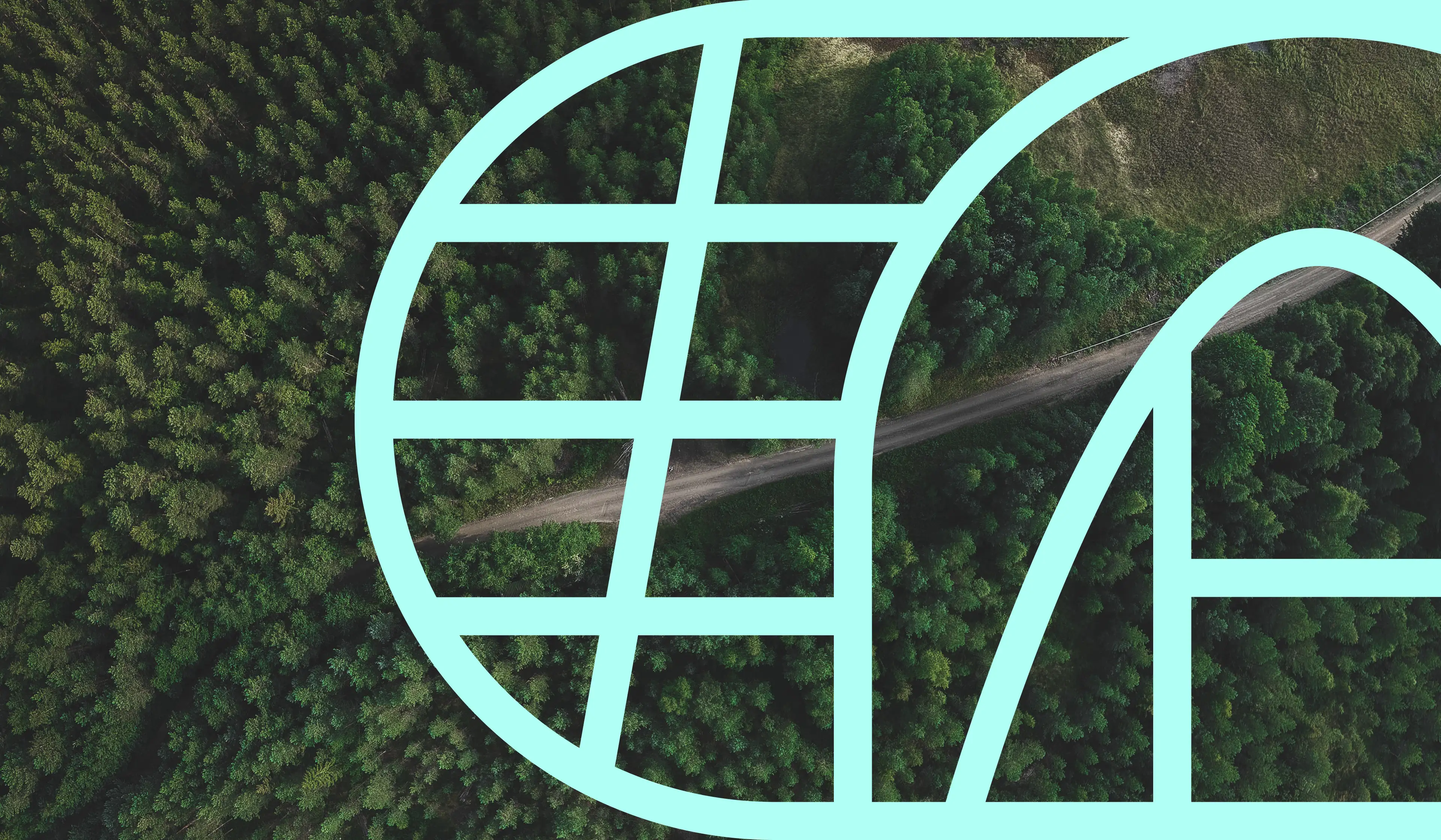 Large white logo overlaying an aerial Shot of green forest