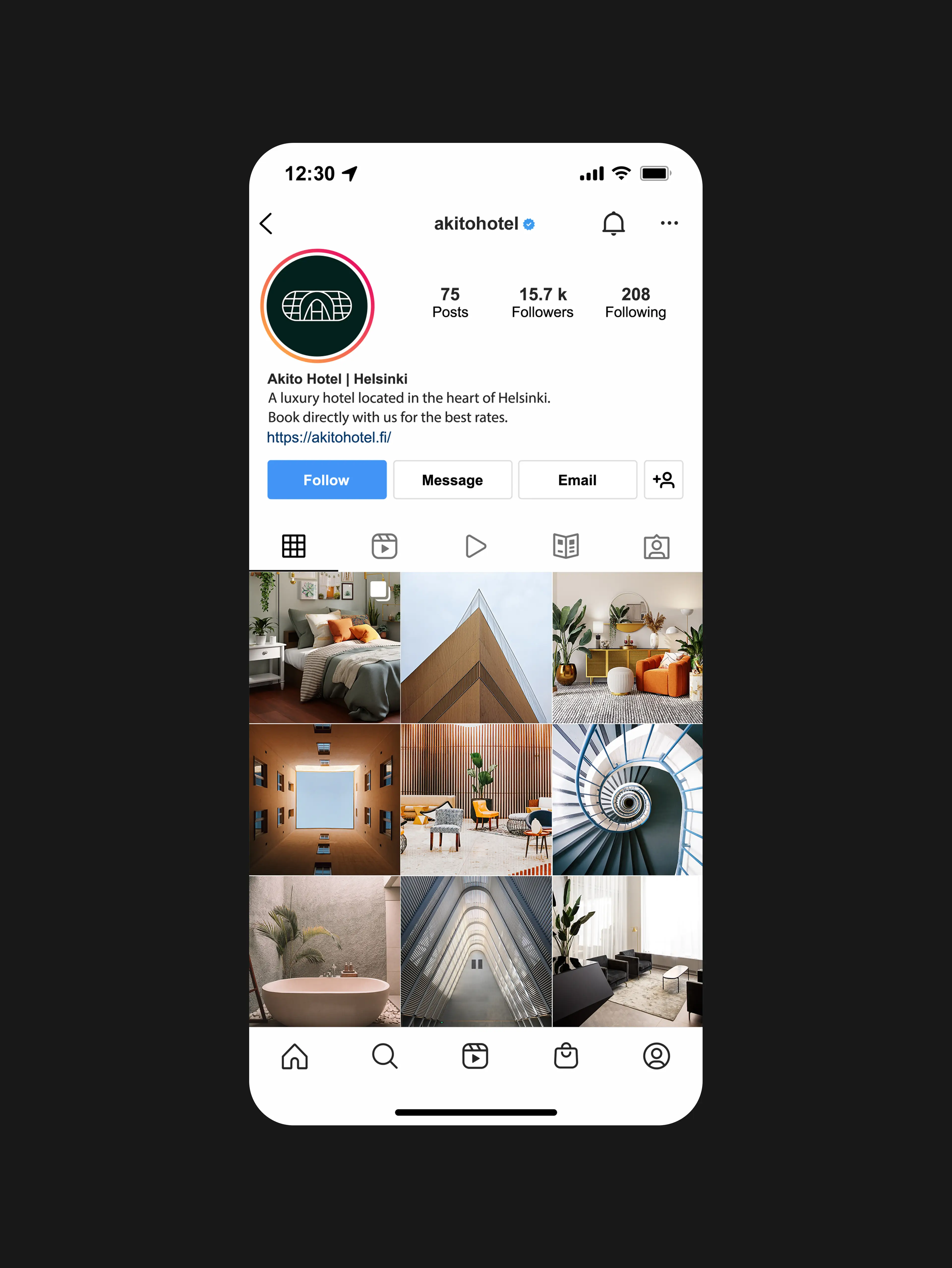 Screenshots of a instagram profile grid, with 9 images showing architecture and furniture