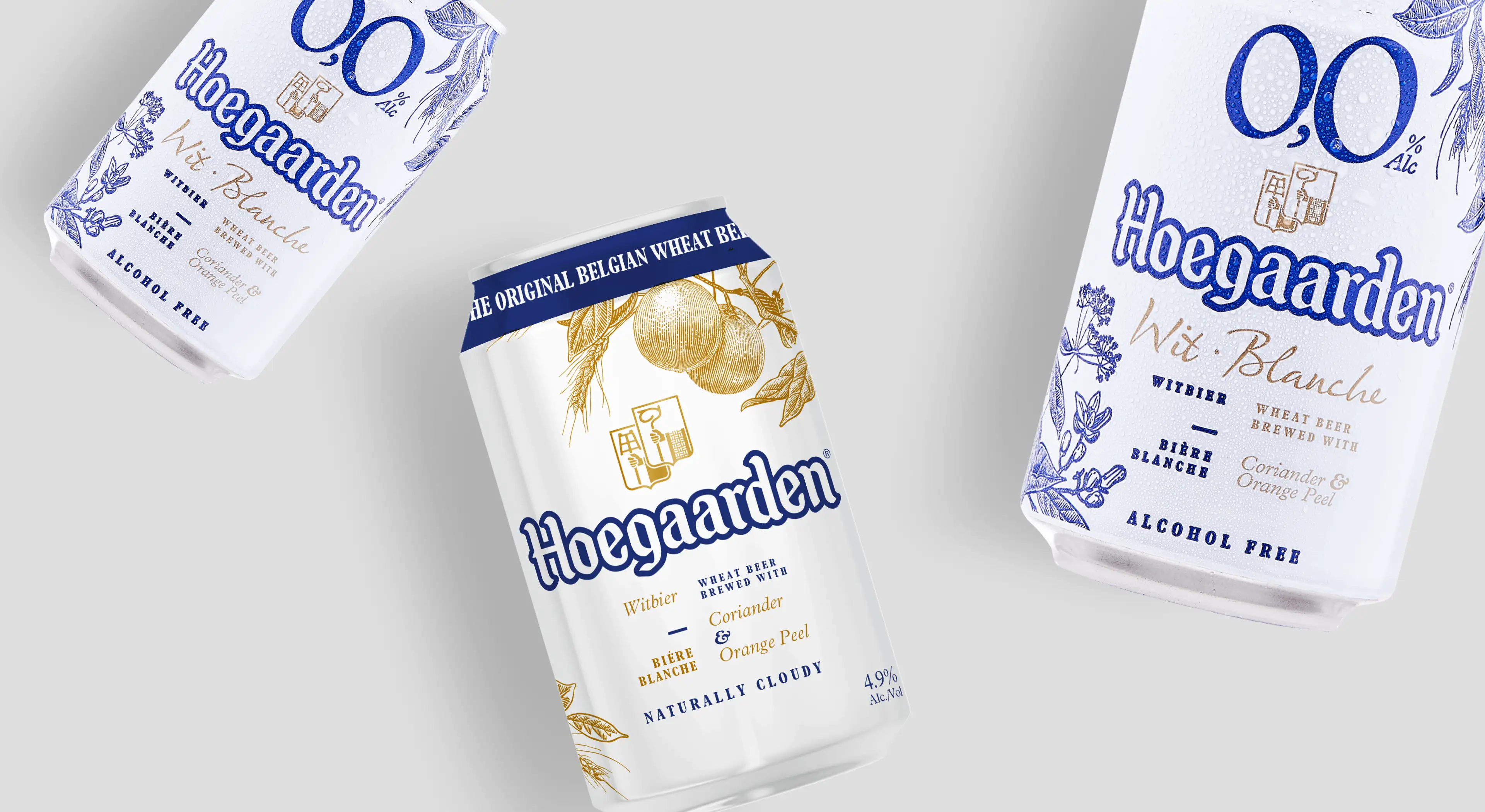 330ml Alcoholic and non-alcoholic beer cans designed for Hoegaarden on the grey background.