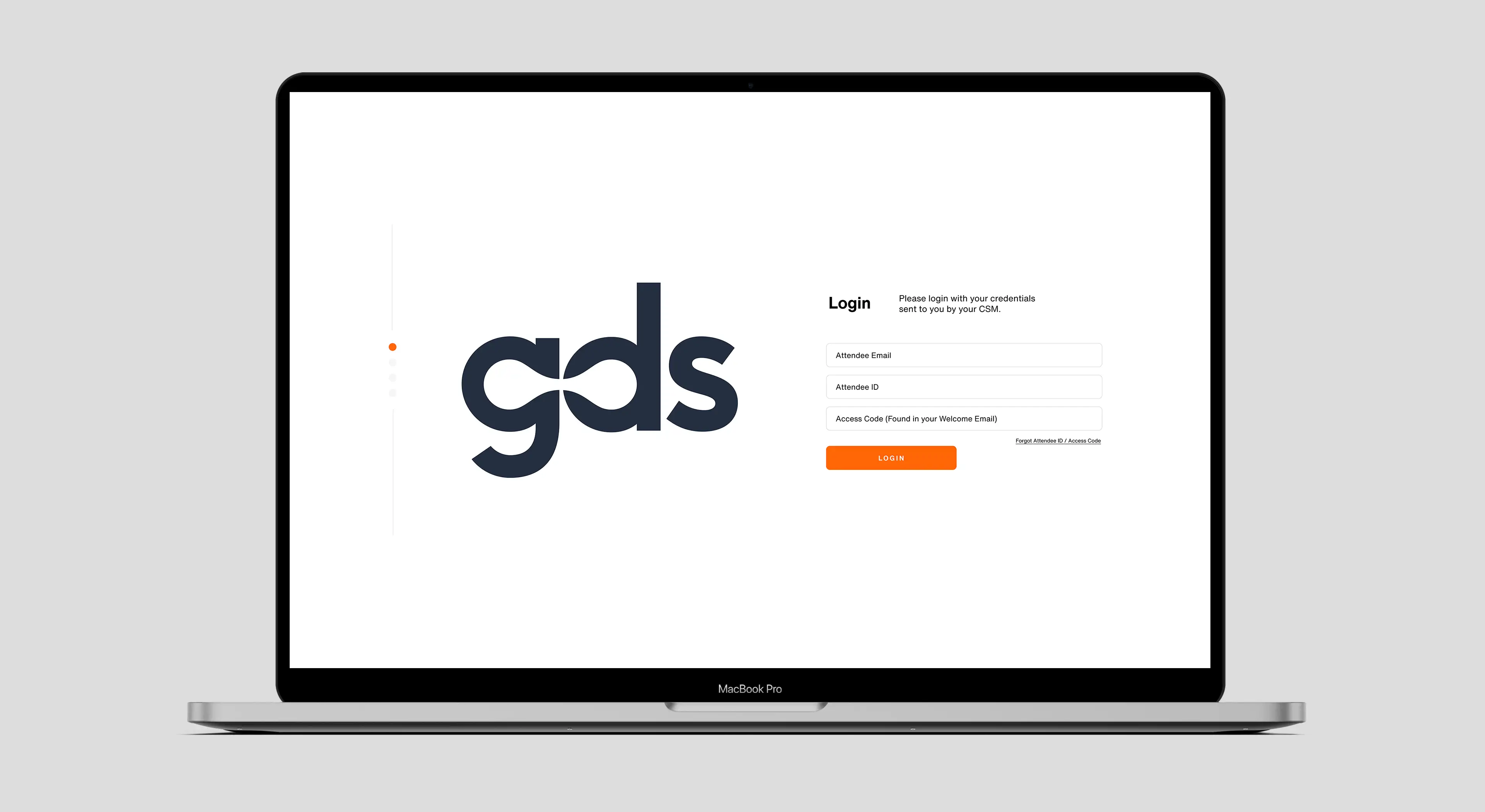 Macbook mockup with a input form as the screen. Large GDS logo and orange buttons.