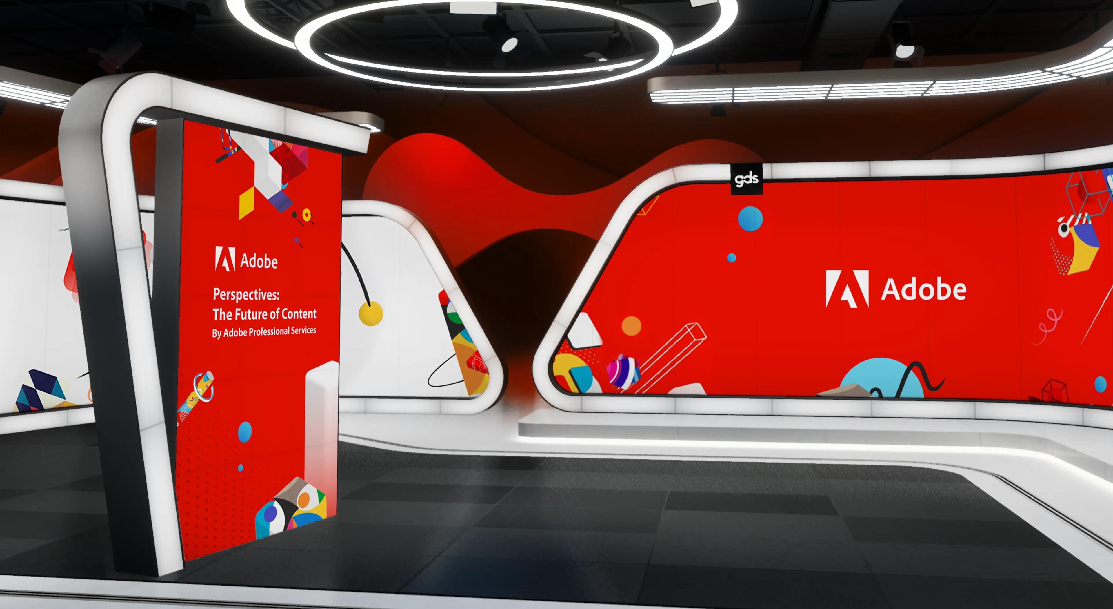 3D virtual environment for Adobe. 2 back screens and a pillar screen. Colors are branded red and white.