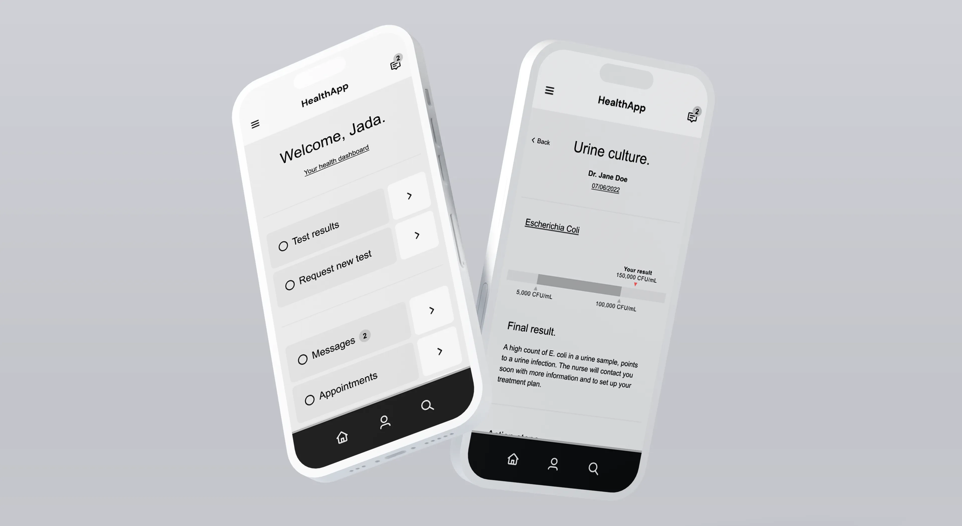 Floating iPhone mockups with lo-fi wireframes of a healthcare application