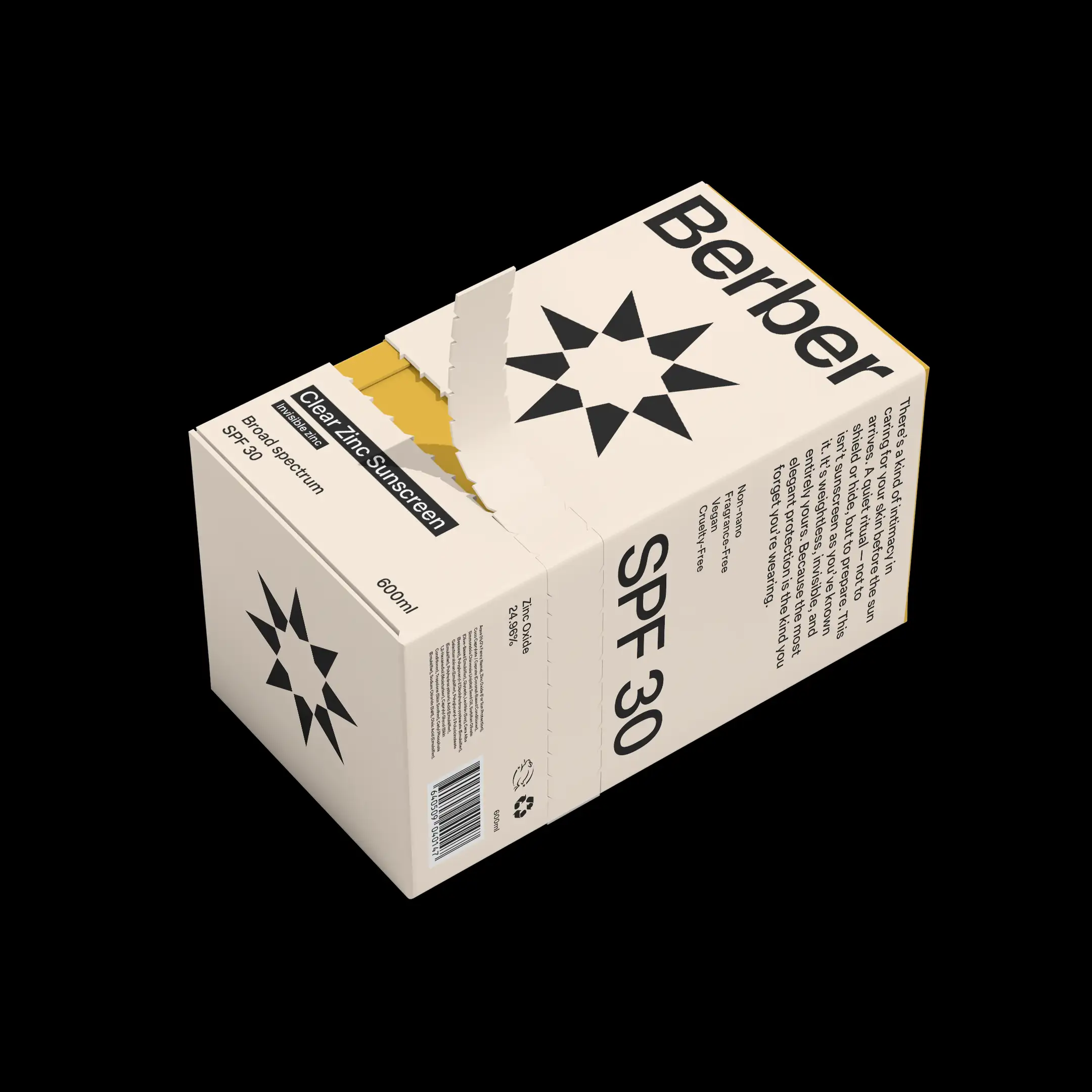 Berber Clear Zinc Sunscreen SPF 30 packaging, minimalist design, skincare.