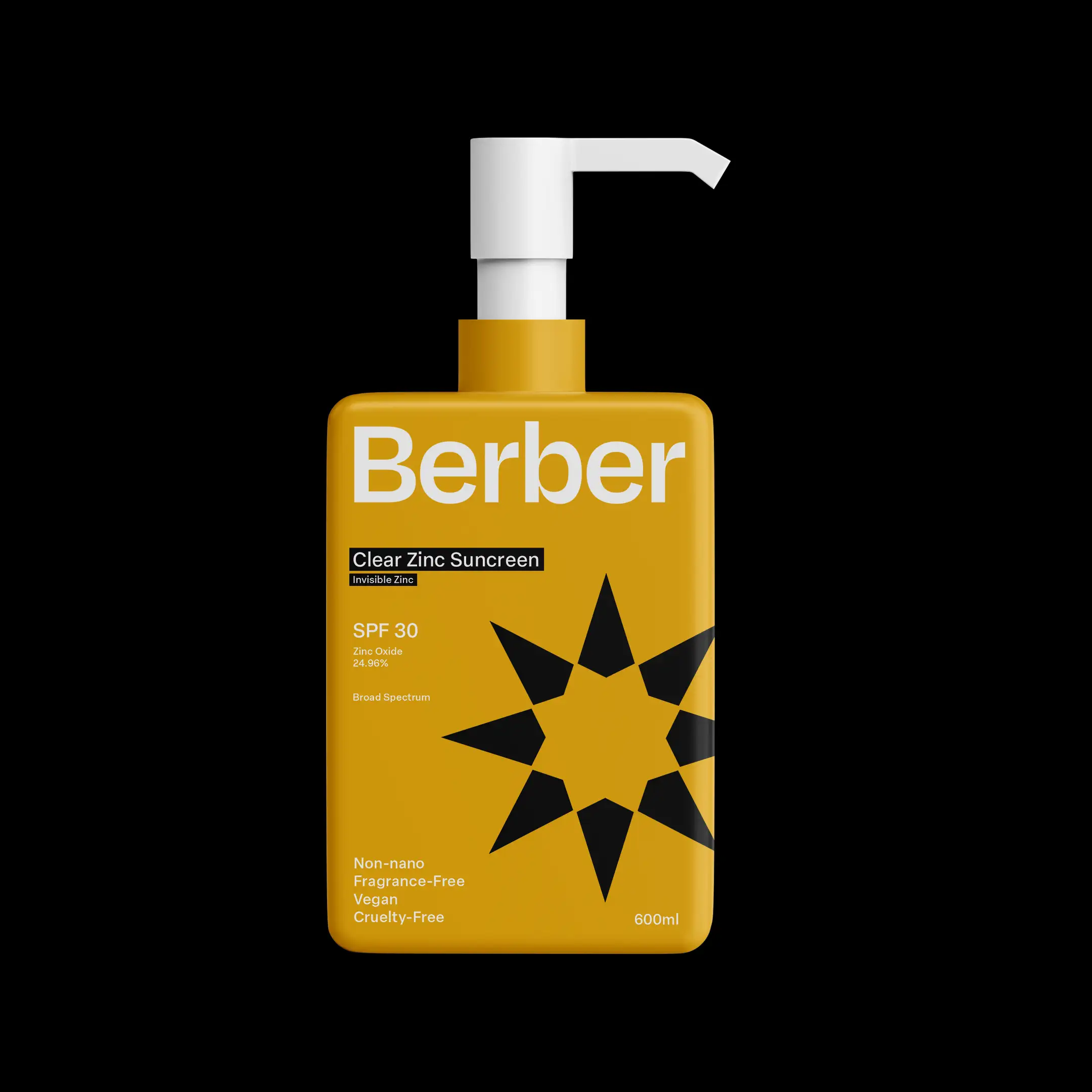 Berber Clear Zinc Sunscreen SPF 30 bottle, yellow and black, minimalist design, 600ml.