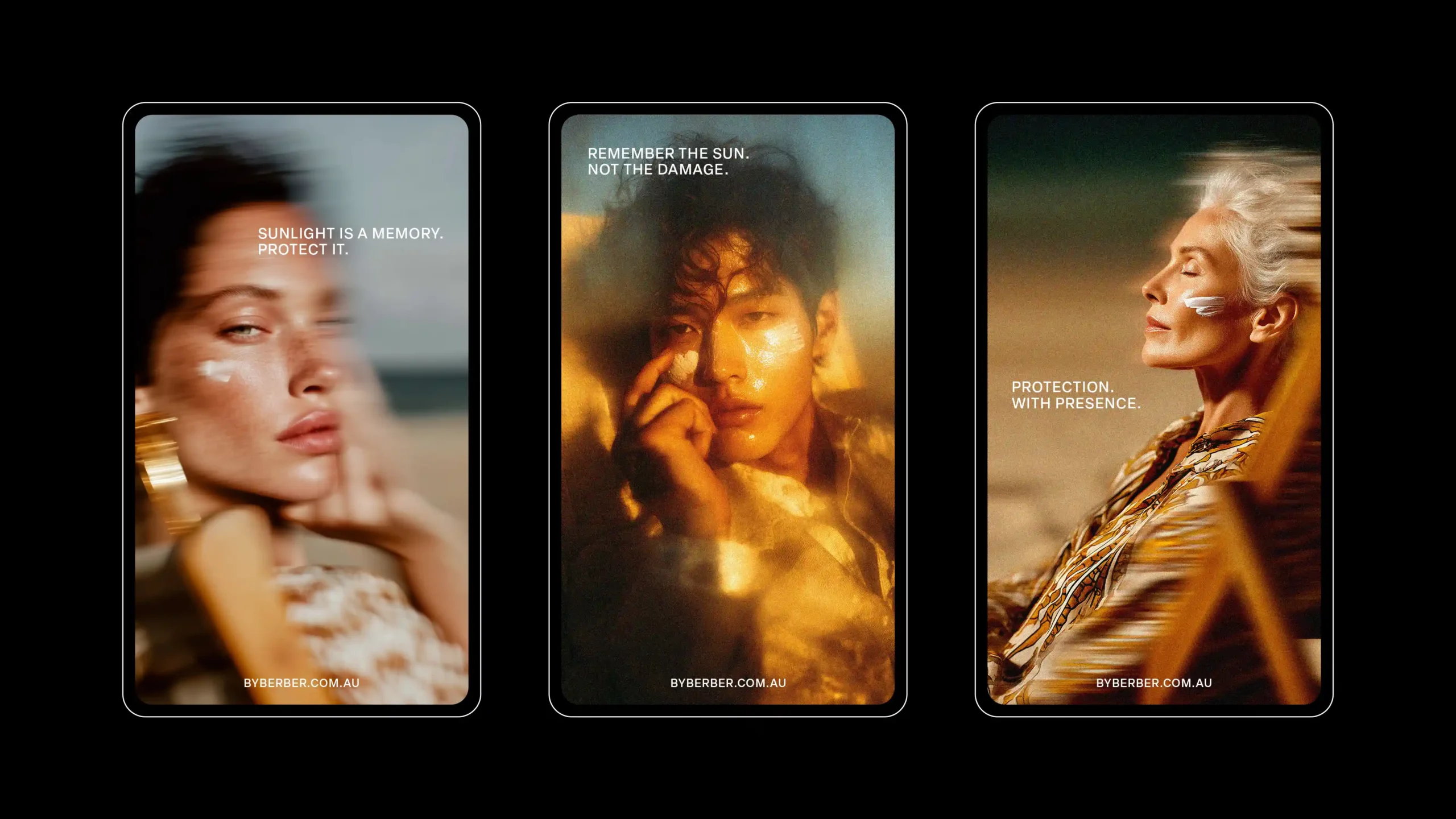 Three mobile ads for Berber skincare, diverse models, sunscreen messaging, digital campaign.