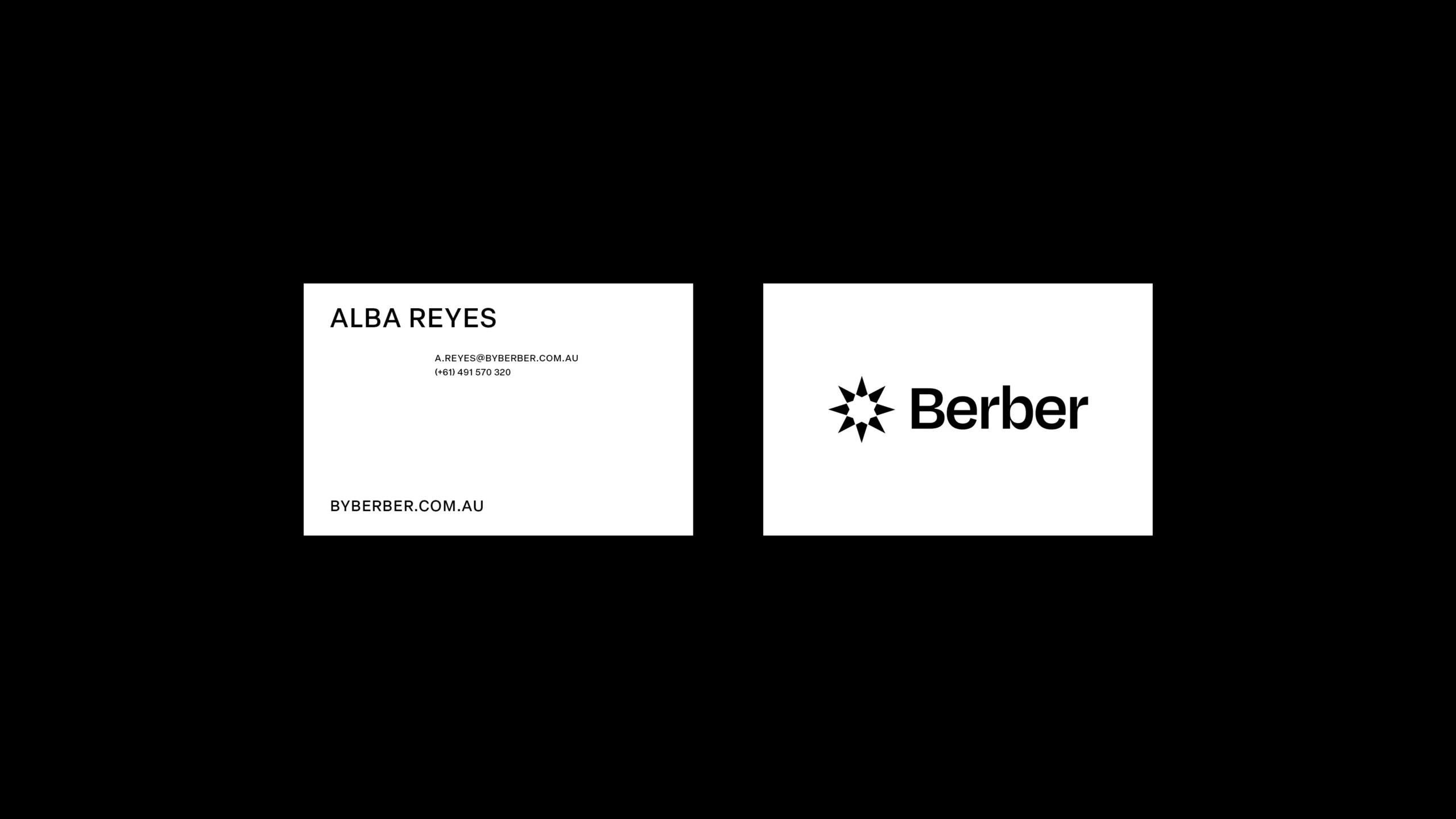Berber business card, contact details, white on black design, brand identity.