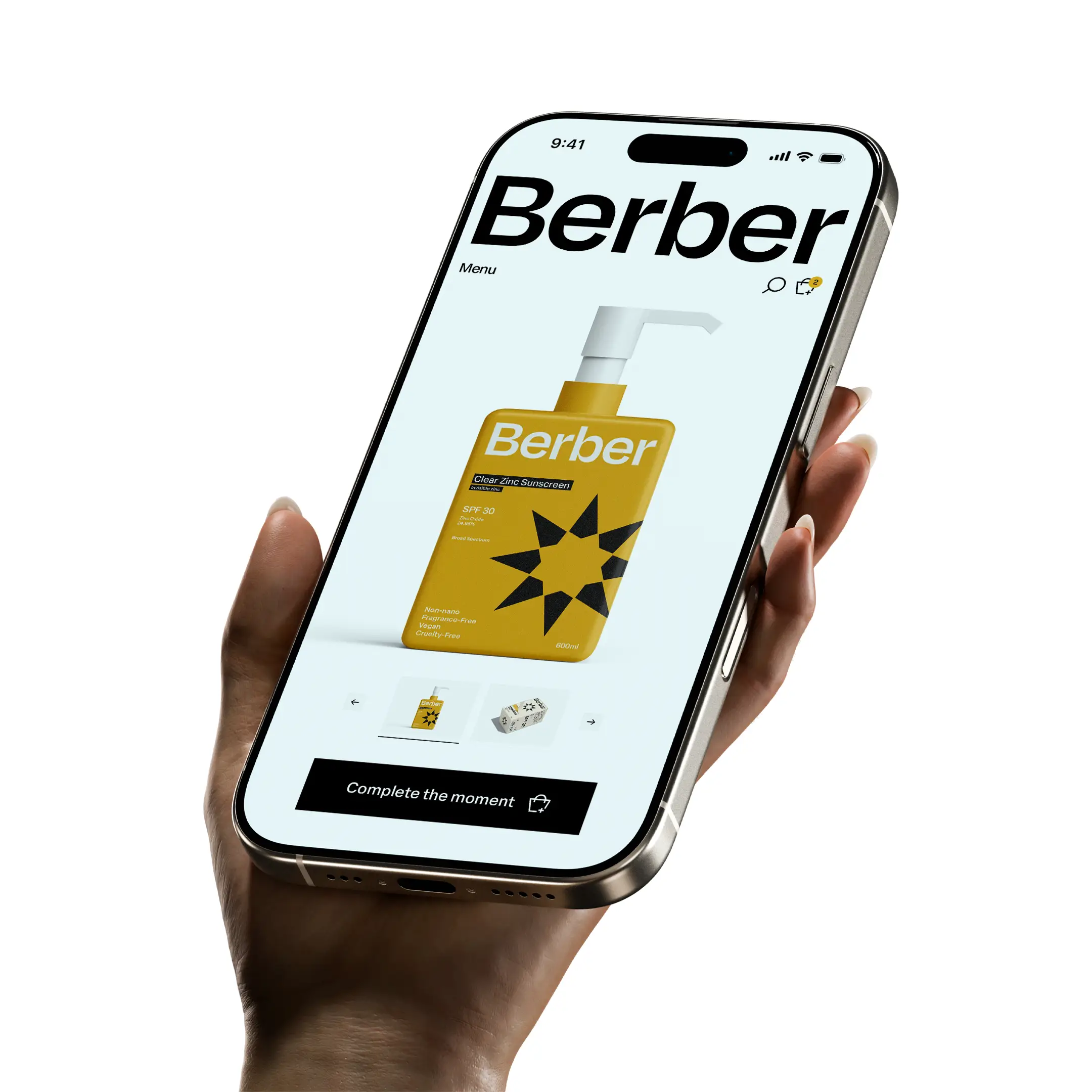 Hand holding iPhone displaying Berber skincare product page, clear zinc sunscreen.