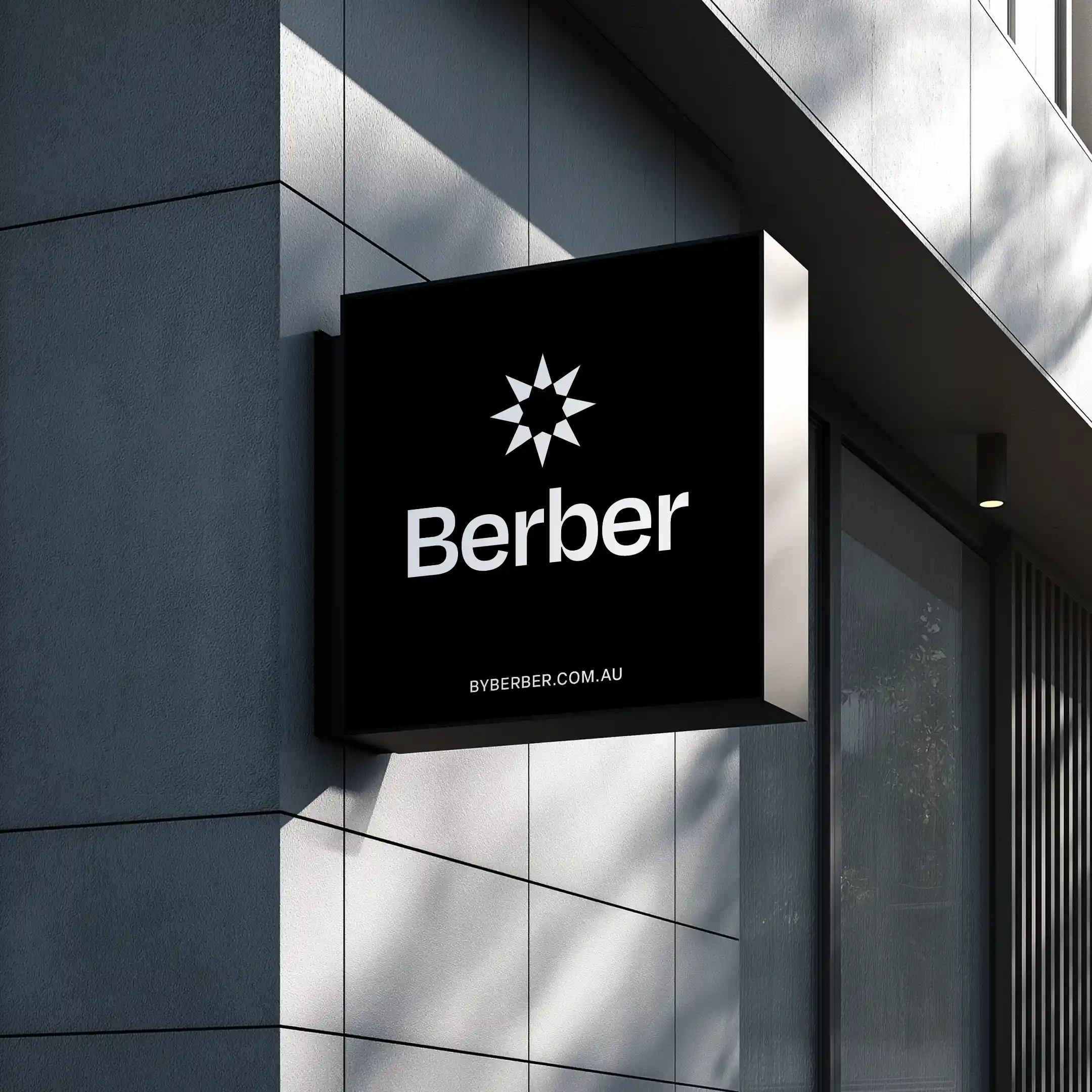 Berber skincare outdoor sign, black with white logo and text, storefront branding.