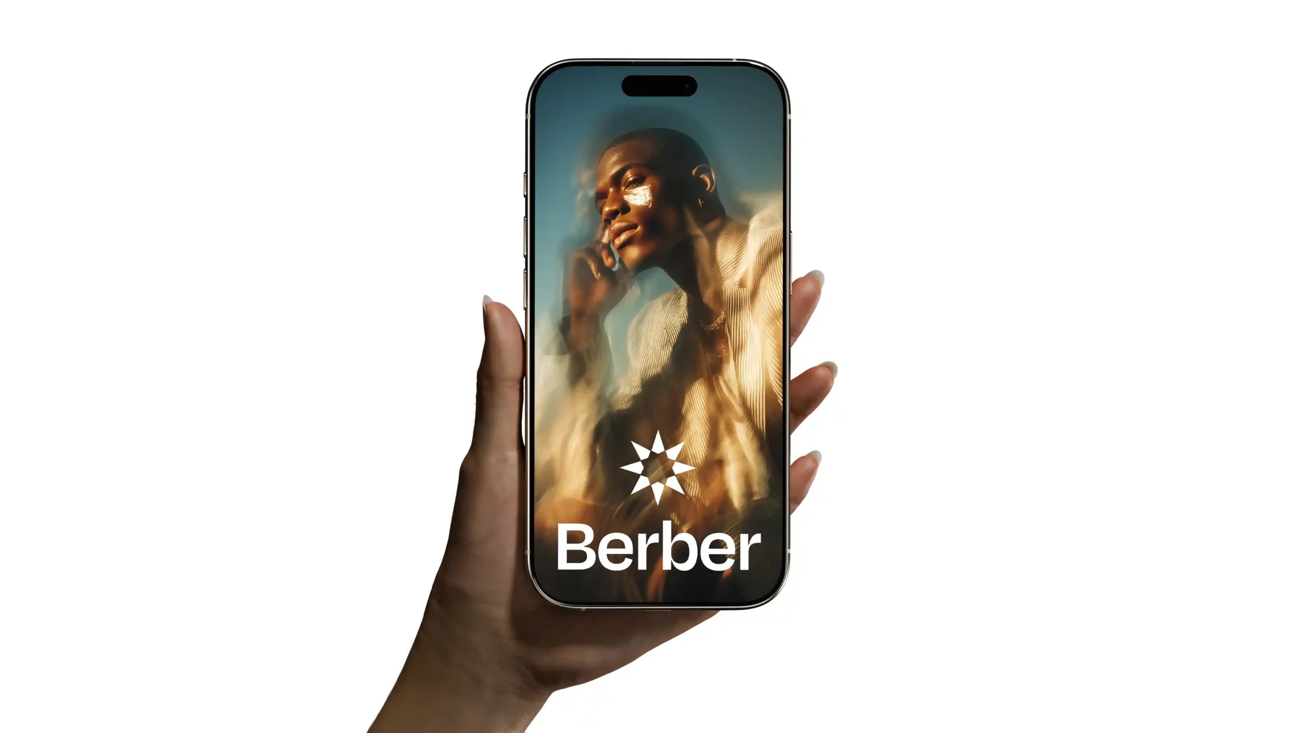 Hand holding iPhone displaying Berber skincare ad, male model, brand logo.