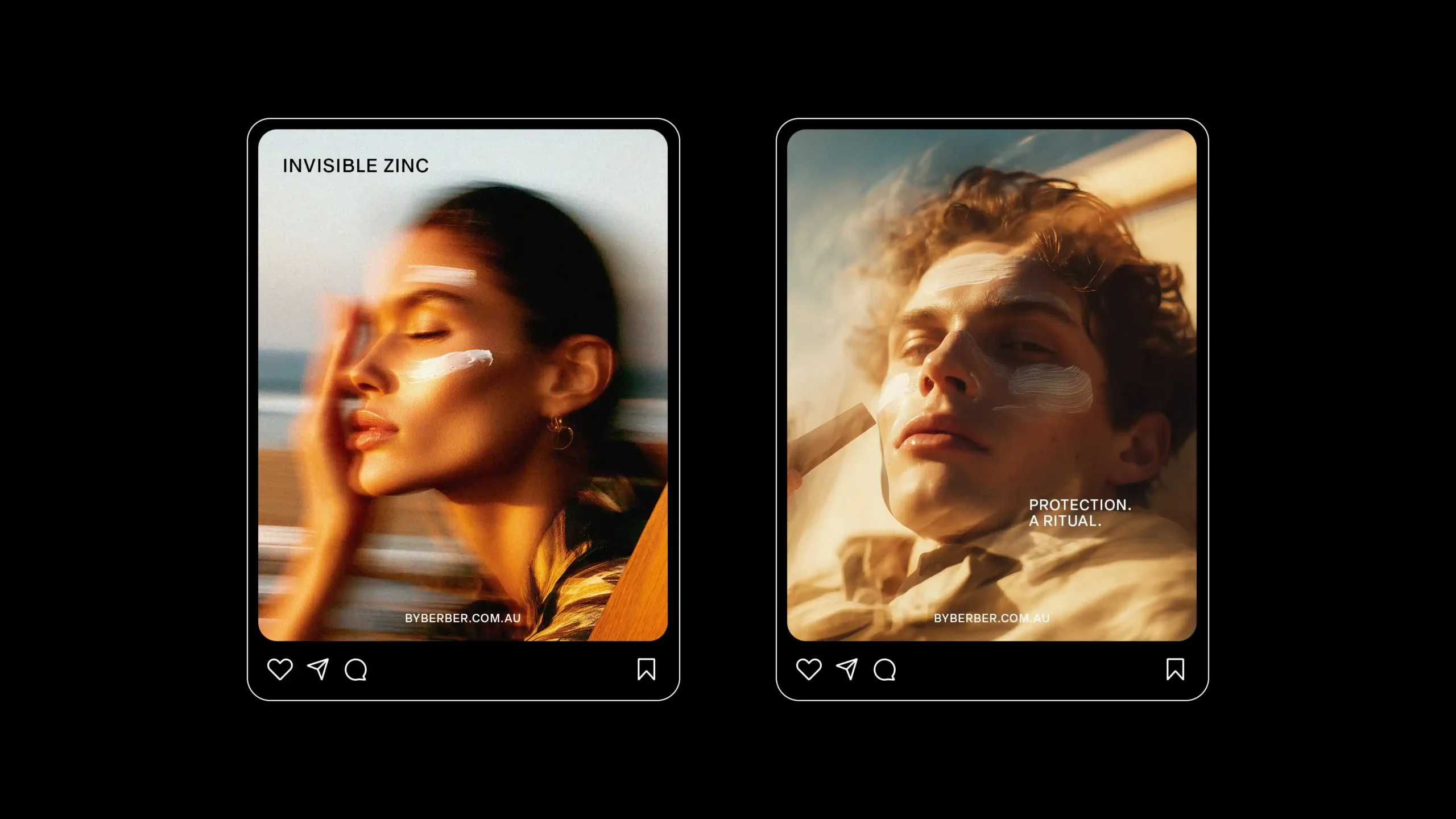 Two Instagram ads for Berber skincare, models with sunscreen, "INVISIBLE ZINC".