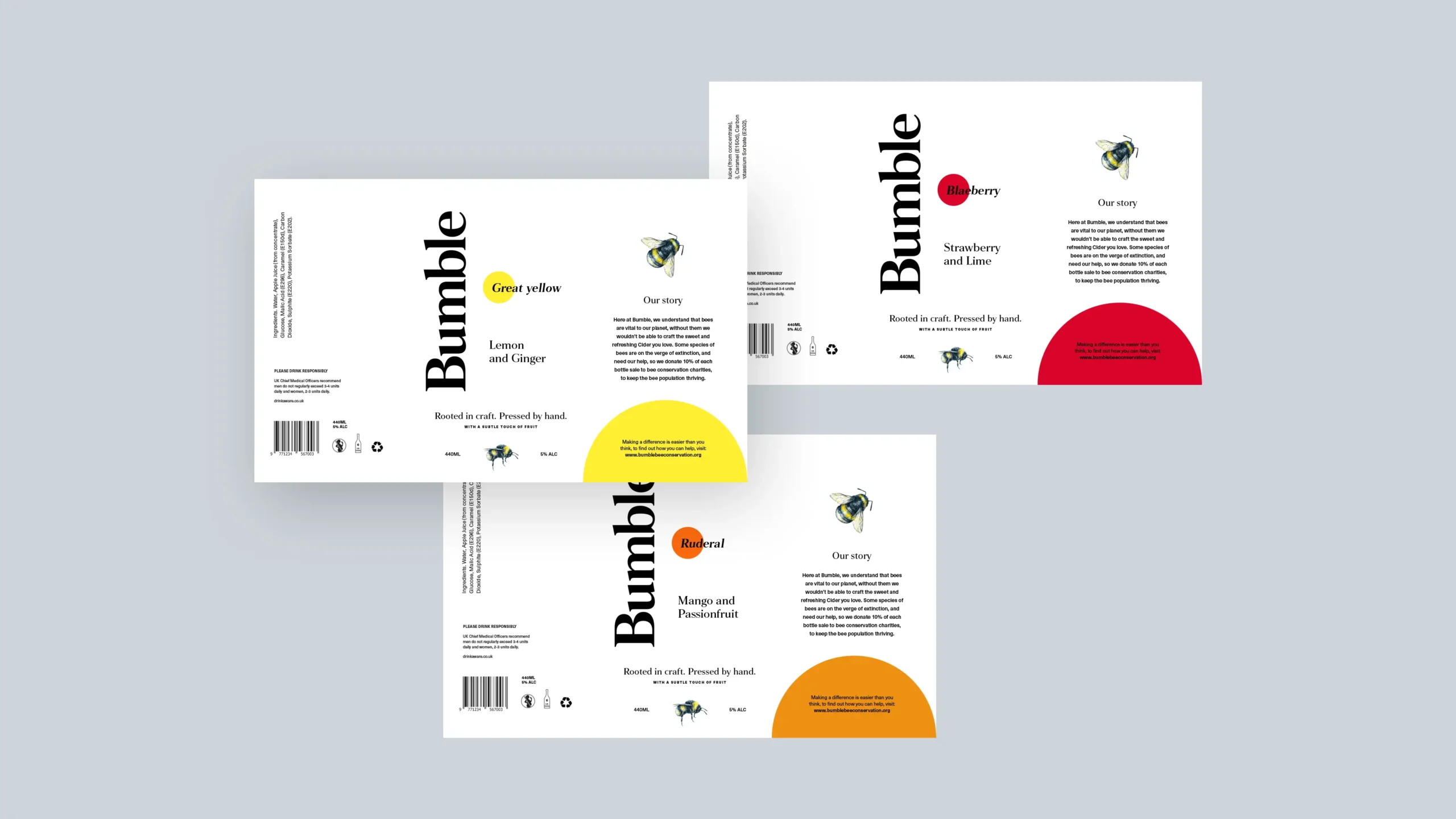 Flat lay of three different cider labels: Ruderal, Great Yellow, and Blaeberry flavours.