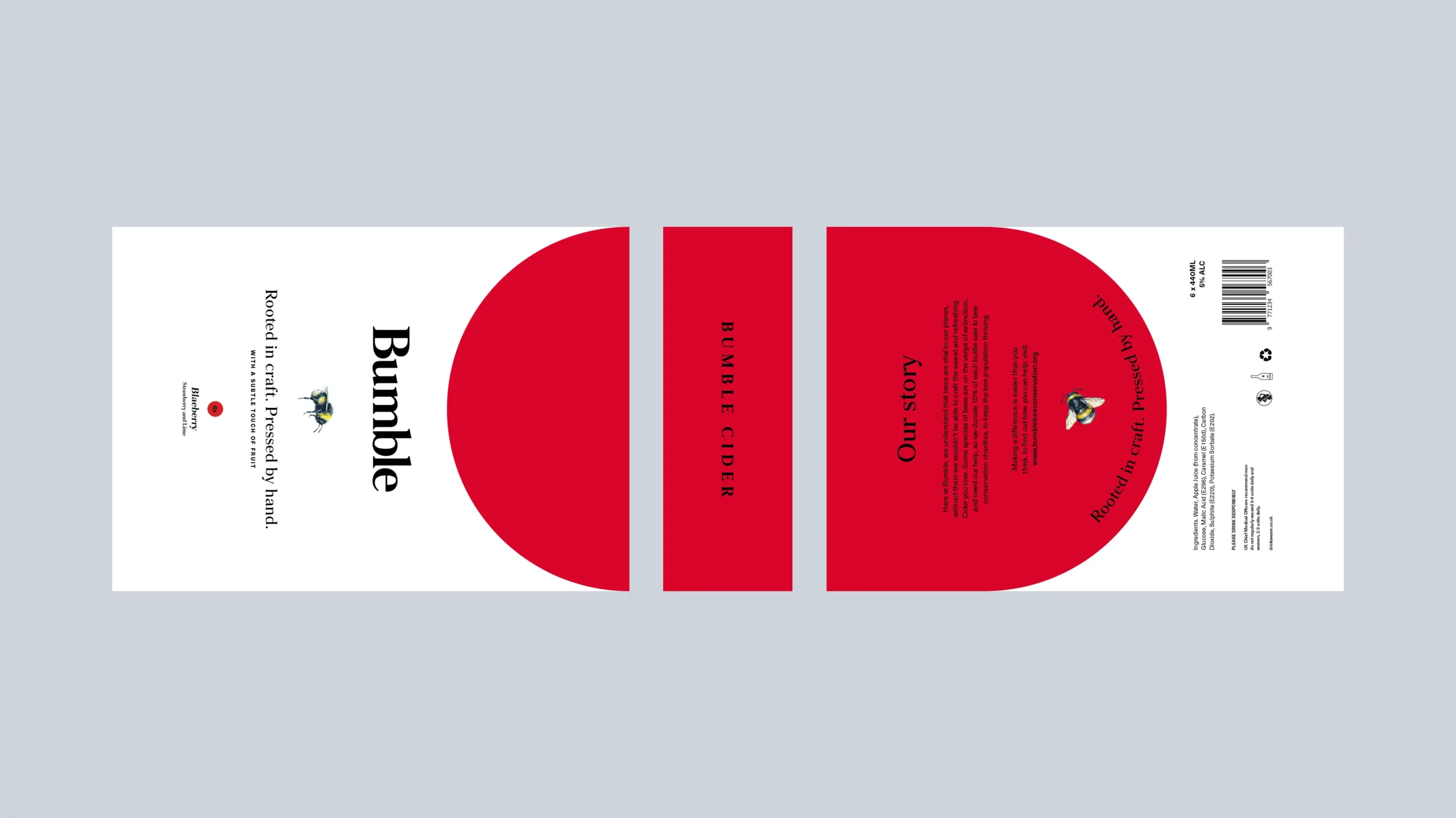 A flat lay of packaging labels for a 6-pack cider bottle holder.