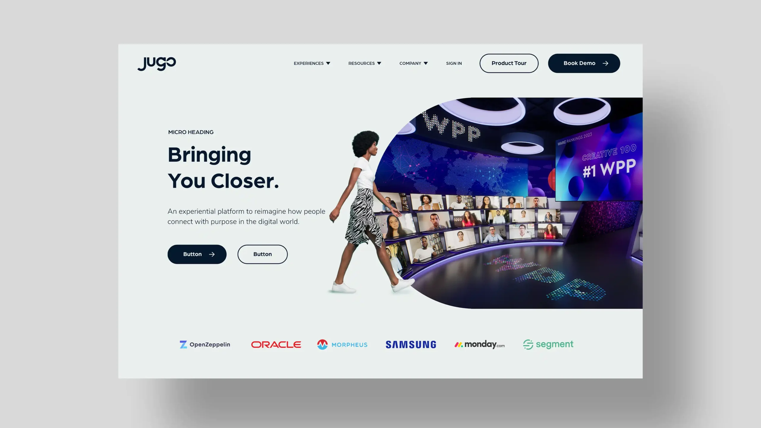 Jugoio_Showcase_002 Jugo.io immersive virtual event platform with presenter on stage, large screen showing video call participants