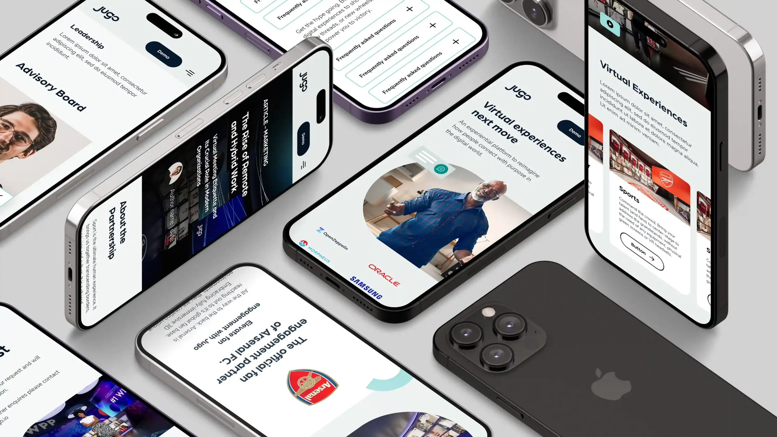 Jugoio_Showcase_004 Multiple smartphones displaying various pages of Jugo.io's responsive mobile website, from leadership to FAQs.