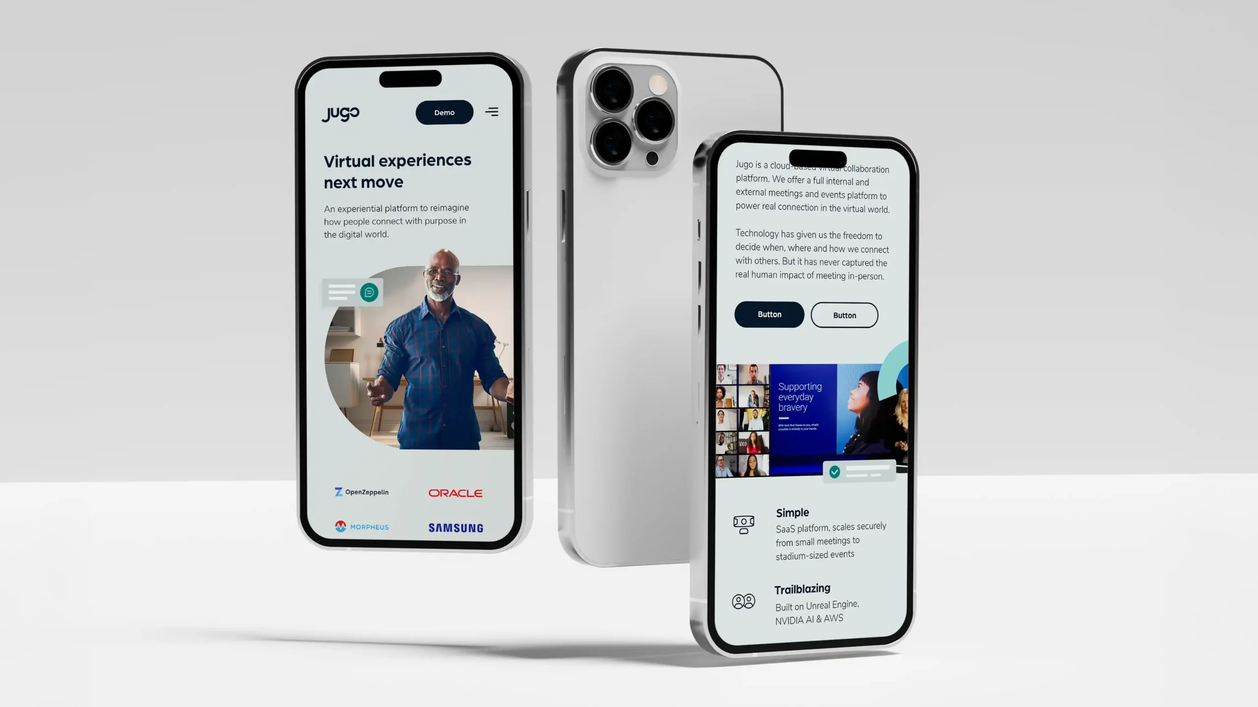 Jugoio_Showcase_005 Two modern iPhones showcasing Jugo.io's virtual collaboration platform interface and key features