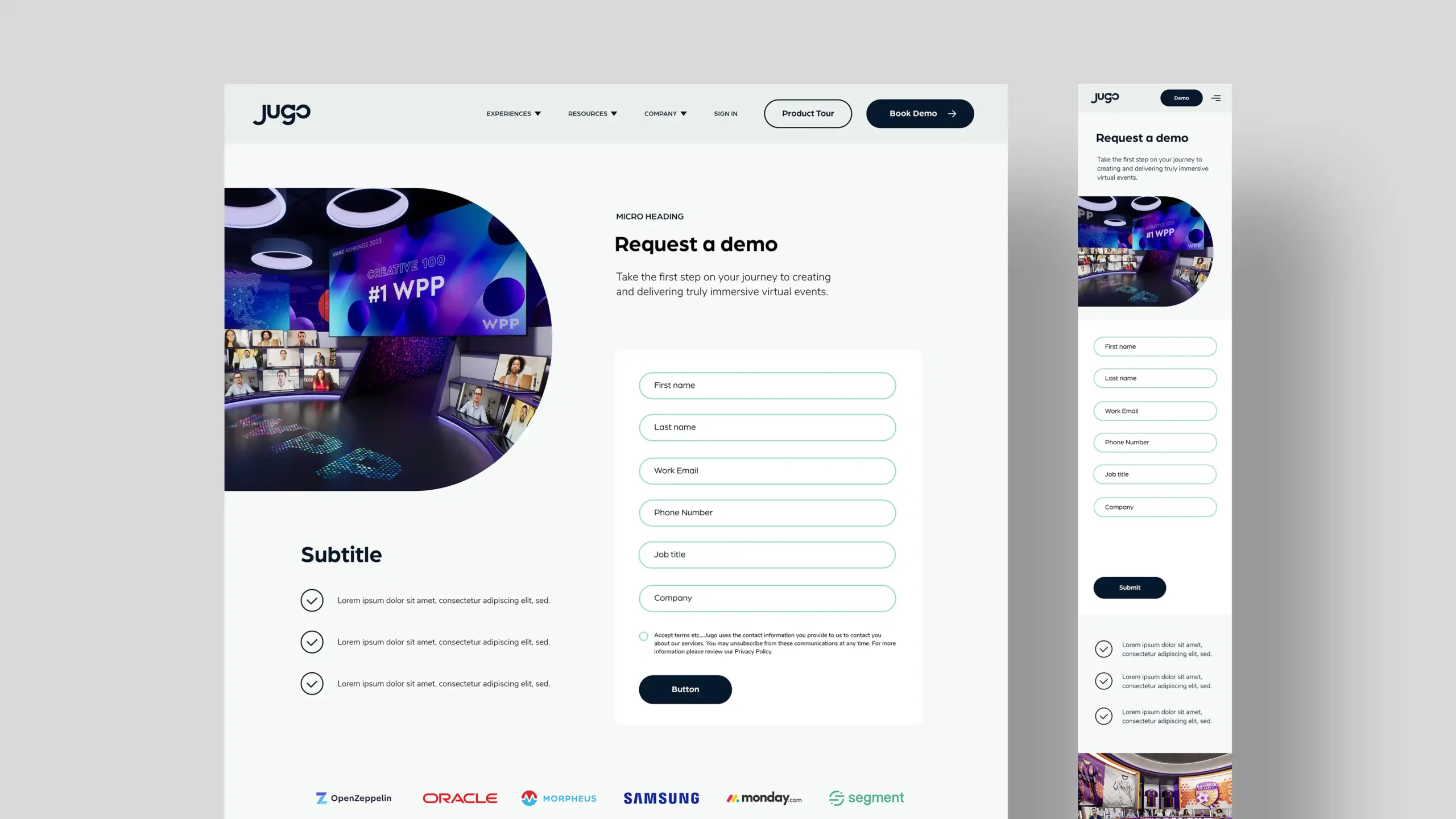 Jugoio_Showcase_006 Jugo.io "Request a demo" web form, accompanied by a dynamic visual of the virtual event environment.
