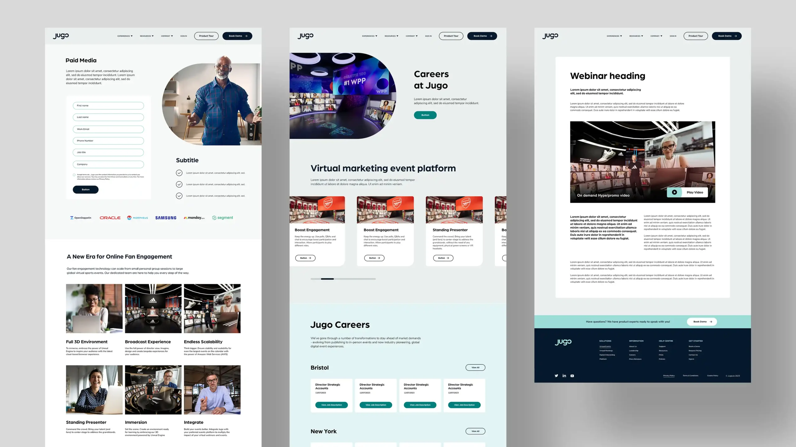 Jugoio_Showcase_007 Desktop layouts for Jugo.io, covering paid media forms, career opportunities, and webinar landing pages.
