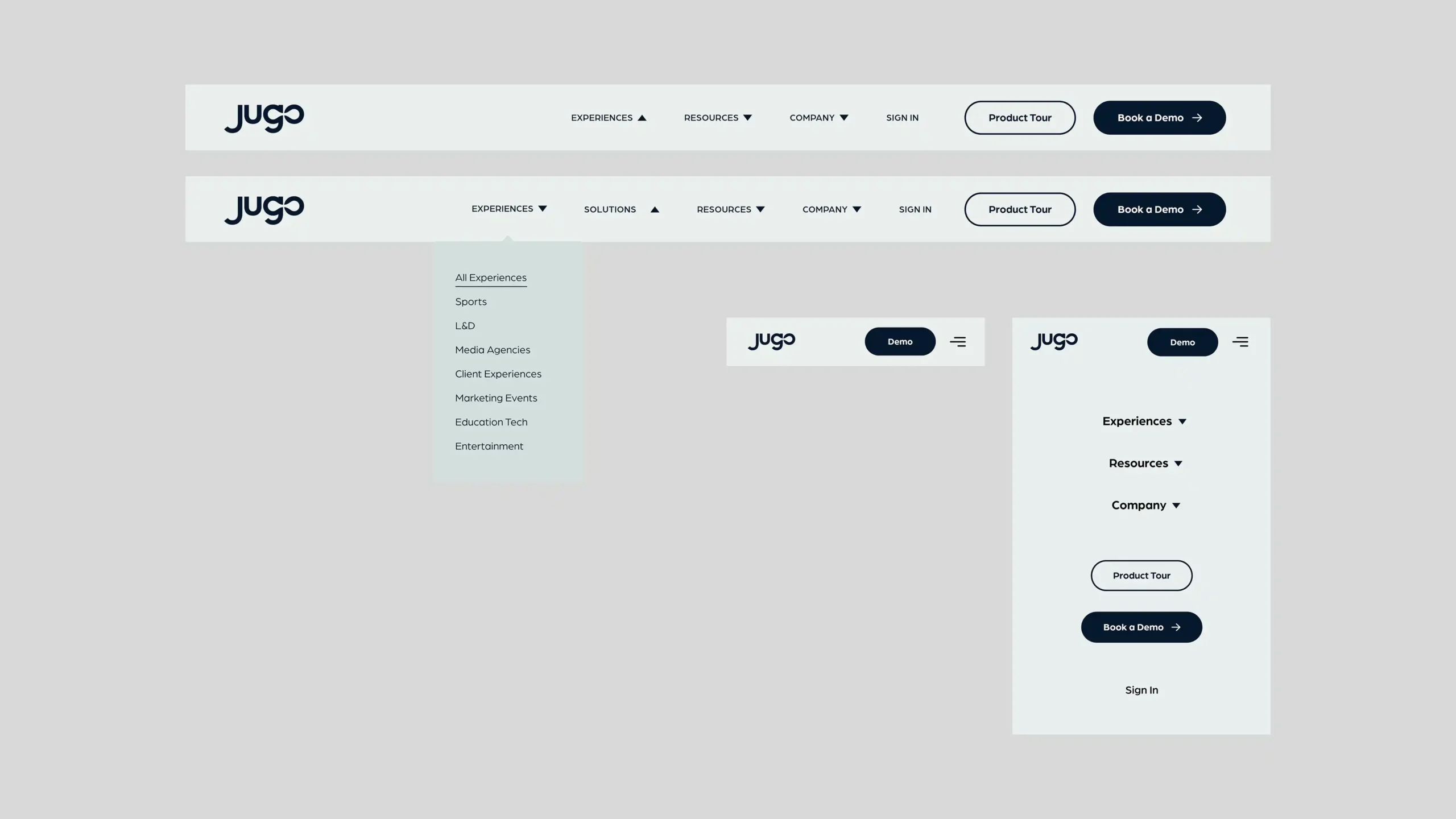 Jugoio_Showcase_009 Jugo.io's responsive navigation system, including desktop menus and mobile hamburger menu dropdowns.