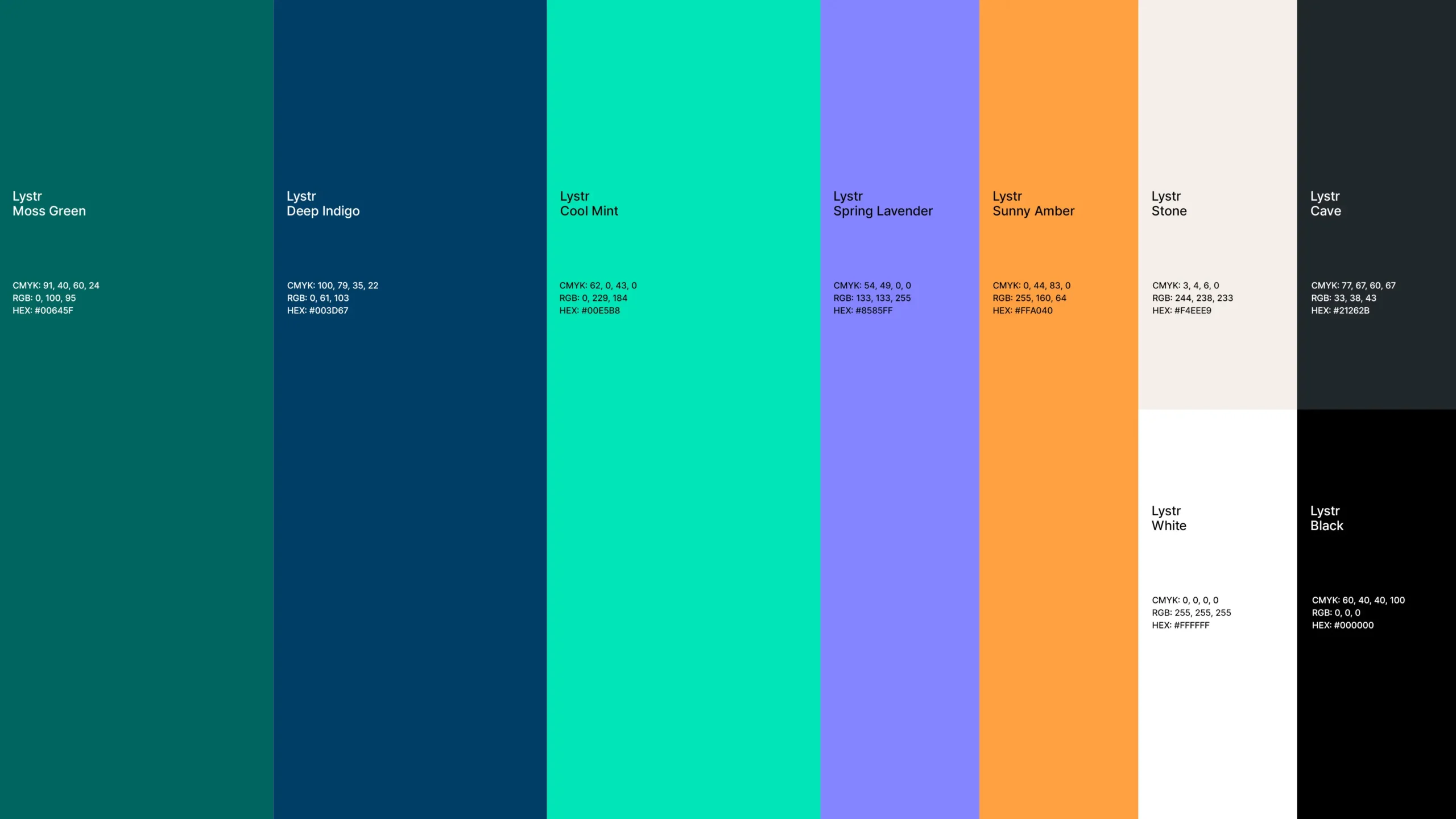 Lystr brand color palette with names and hex codes for each shade.