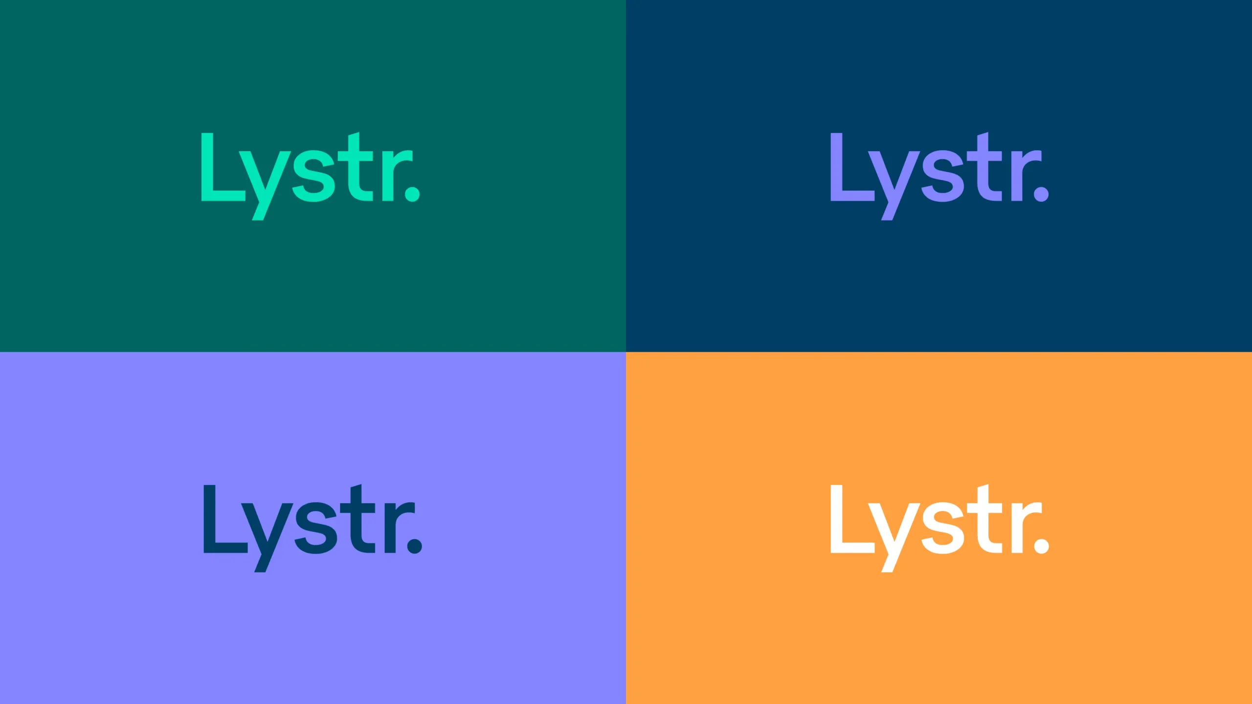 Lystr logo displayed across four different brand color backgrounds.