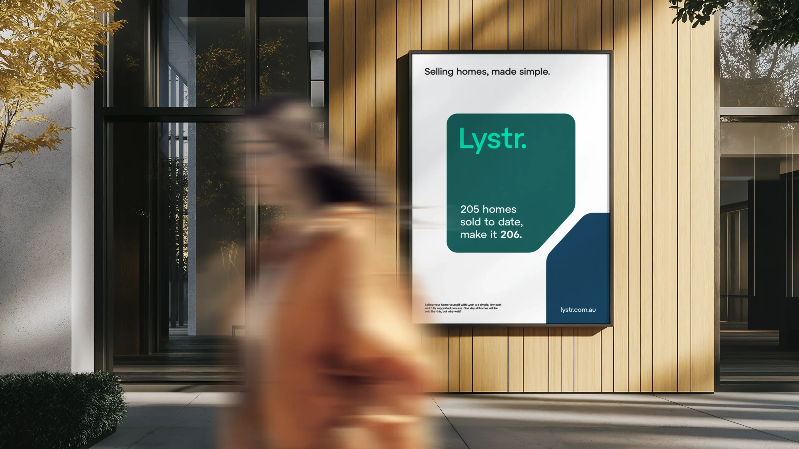 Lystr outdoor poster advertising, Selling homes, made simple on a wooden wall.
