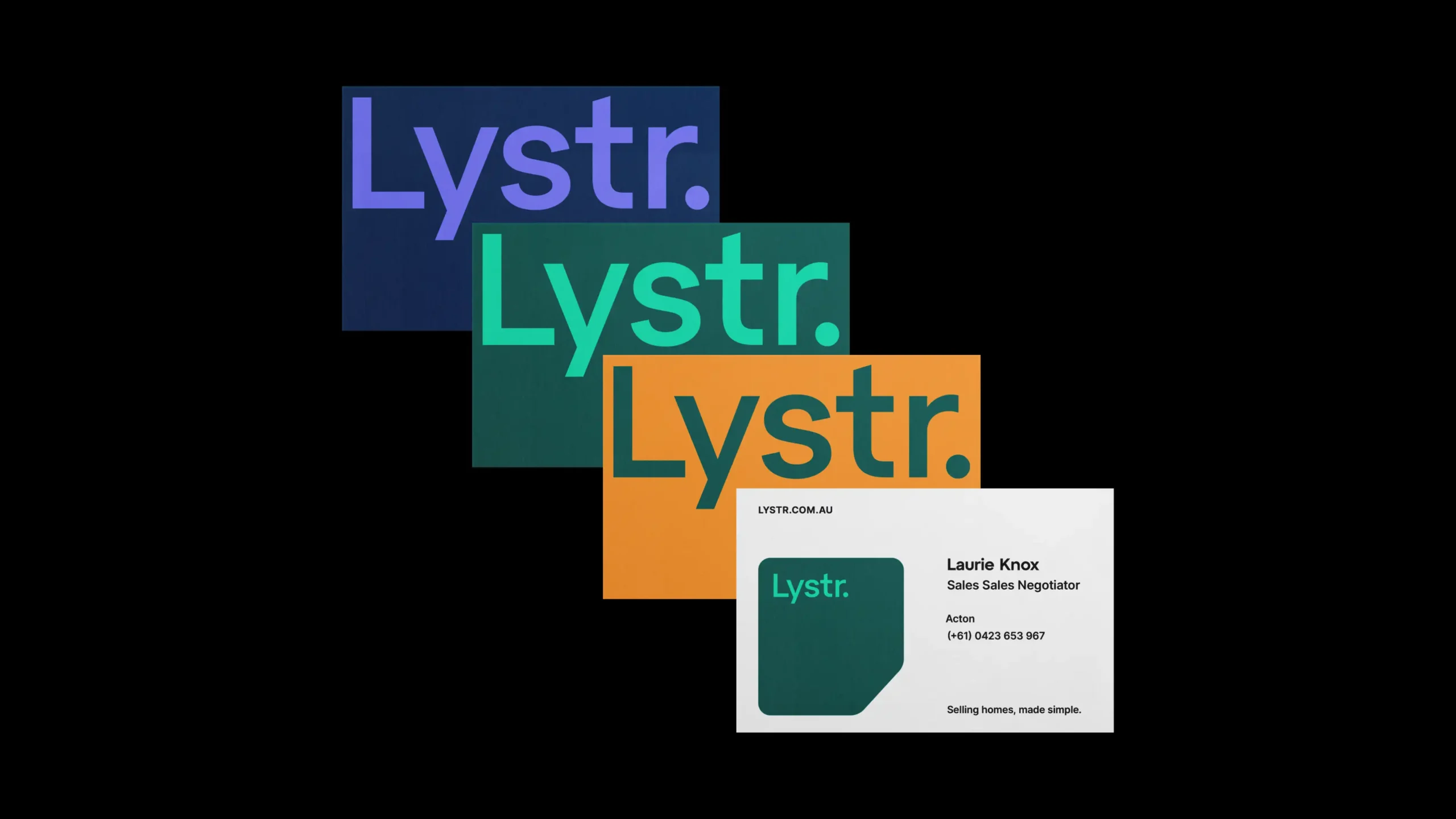 Lystr brand elements: business cards in multiple colourways