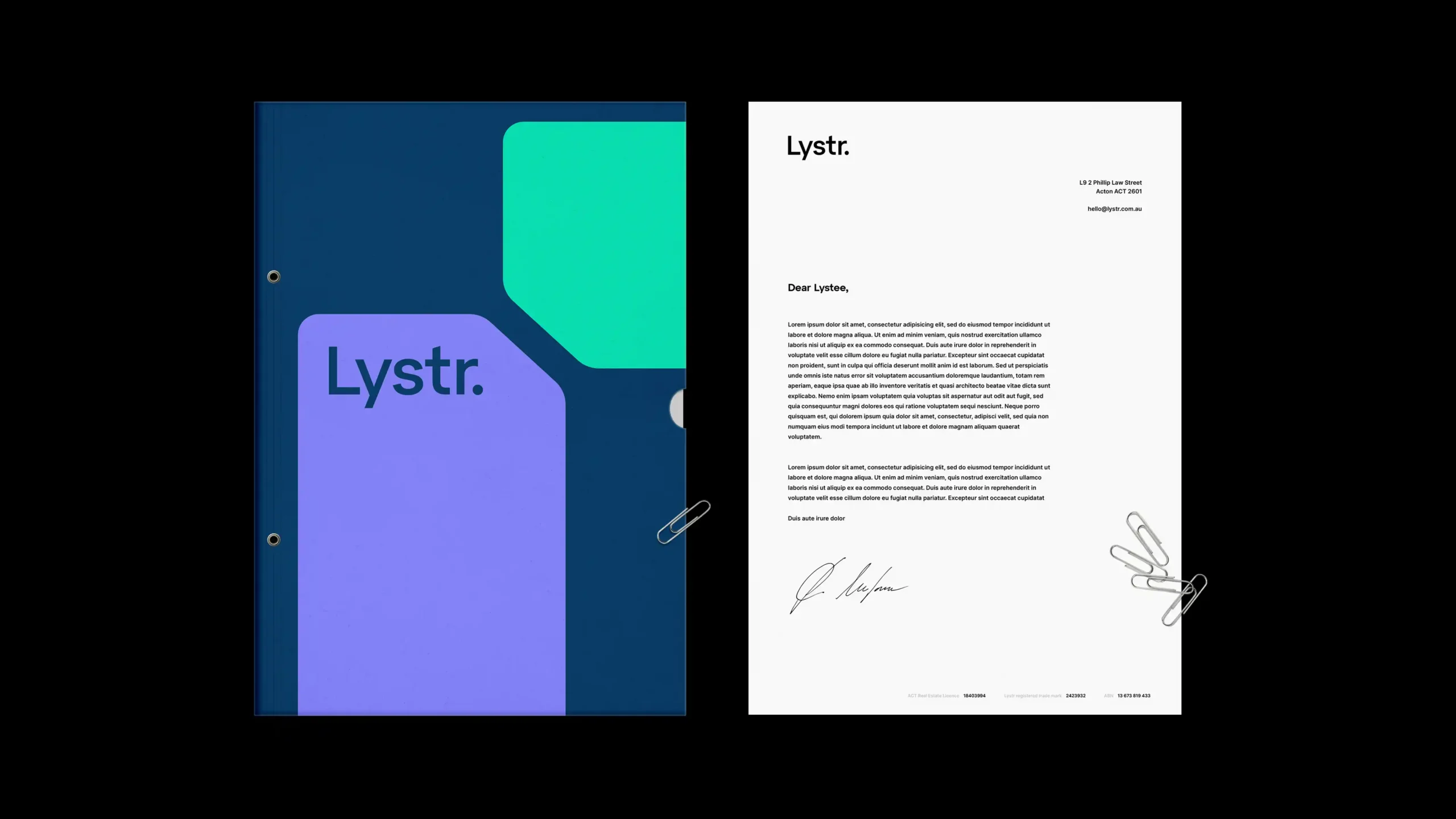 Lystr branded folder and letterhead with a signed letter and paperclips.