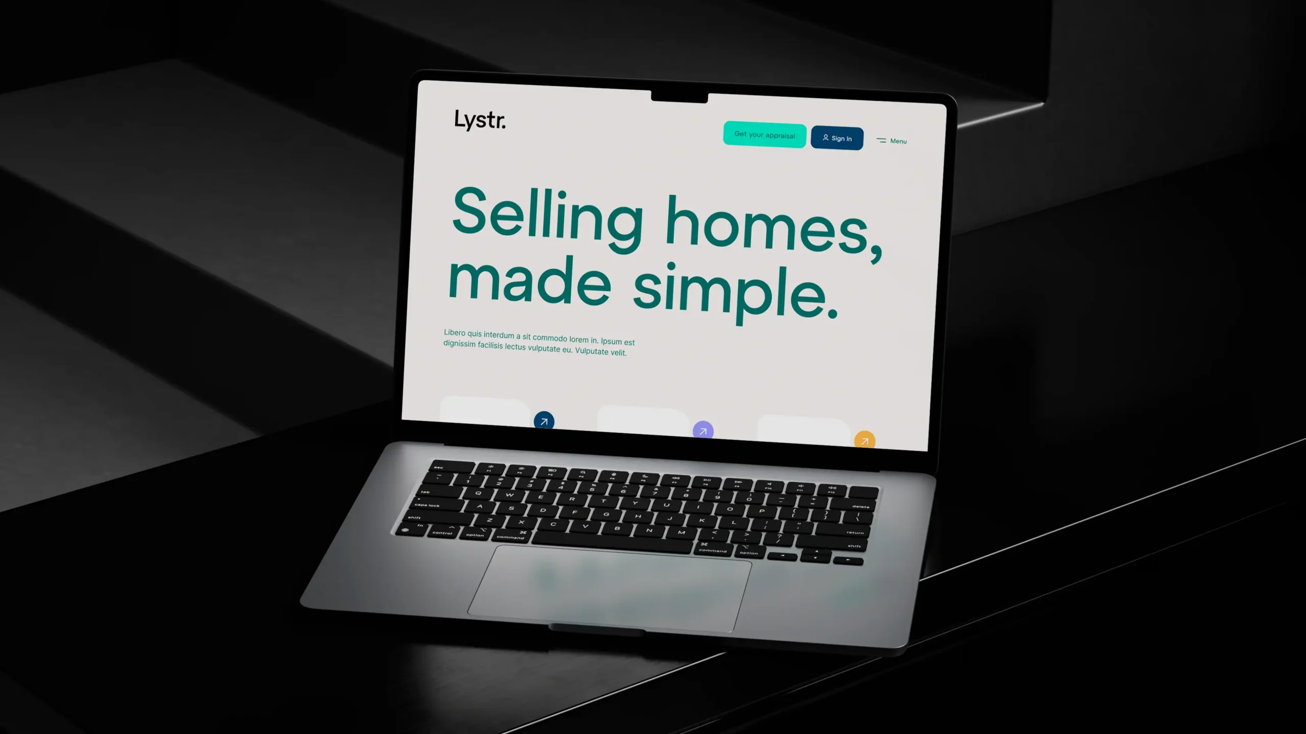 Lystr website on a laptop screen: "Selling homes, made simple" with navigation.