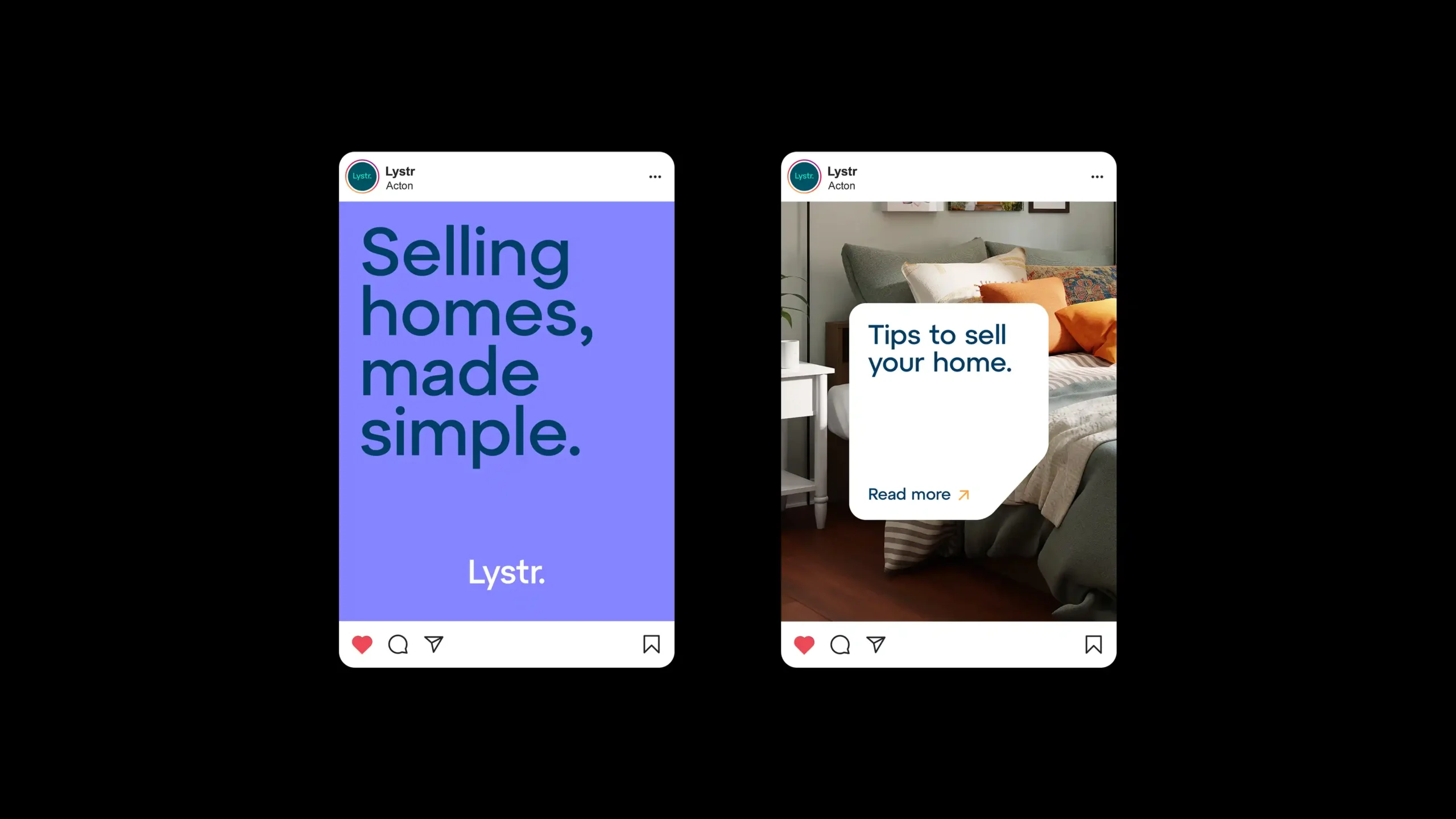 Lystr Instagram ad mockups: "Selling homes, made simple" and "Tips to sell your home."