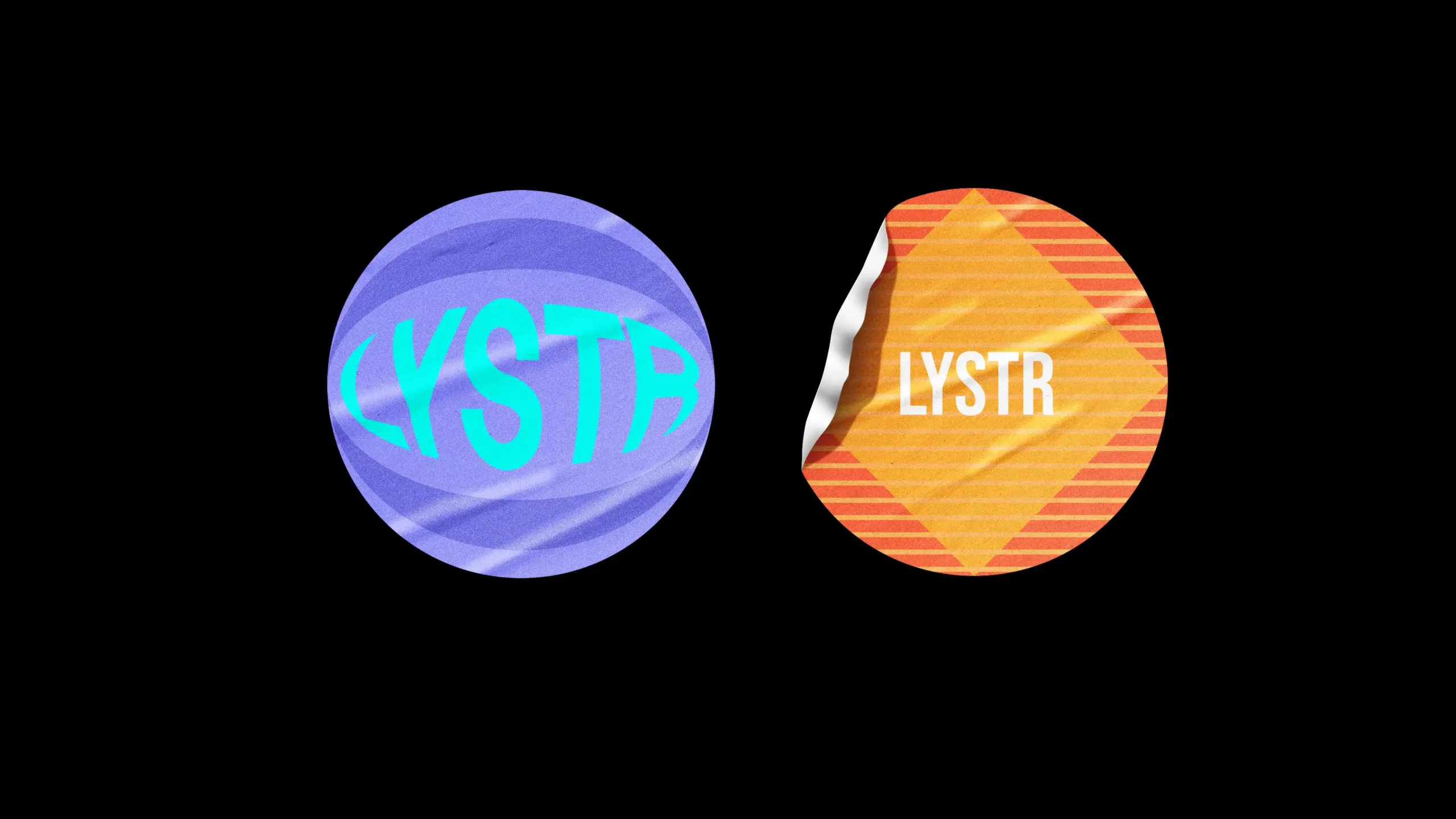 Two Lystr brand stickers: one blue with warped logo, one orange with "LYSTR."