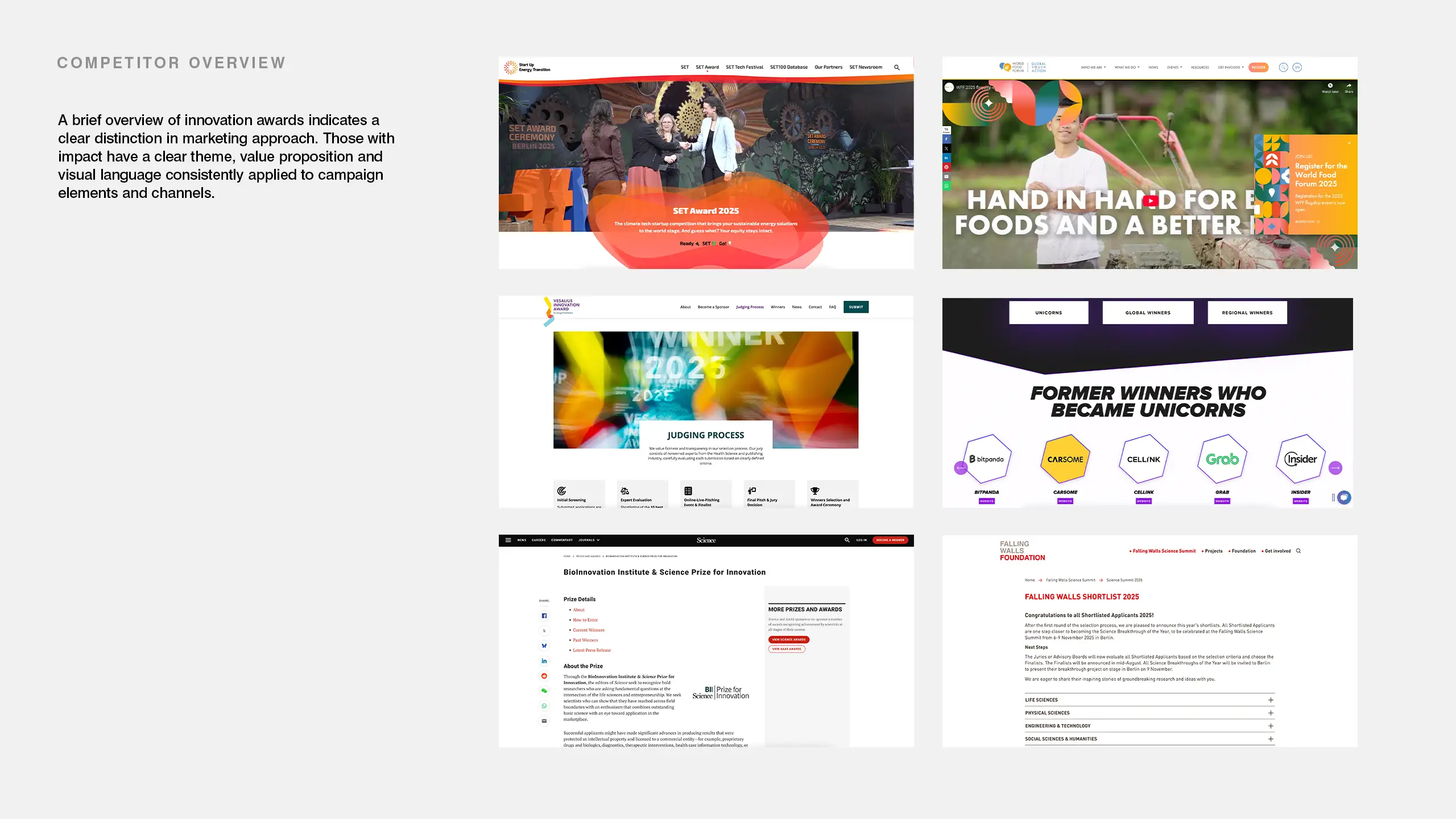 Competitor overview showing diverse award marketing, clear themes, and visual language for campaigns.
