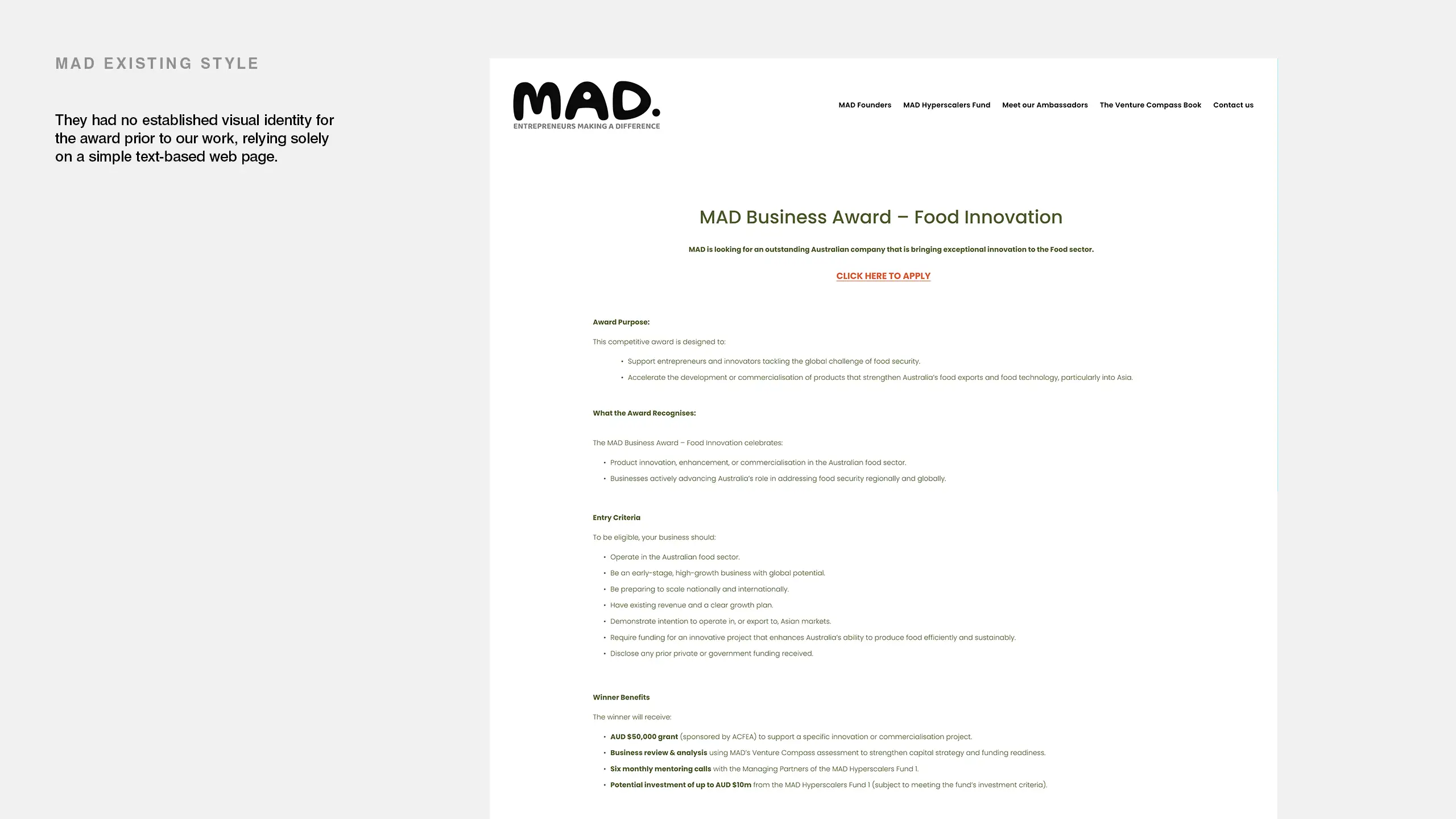 Food Innovation existing brand style on a simple web page. Award details and benefits.