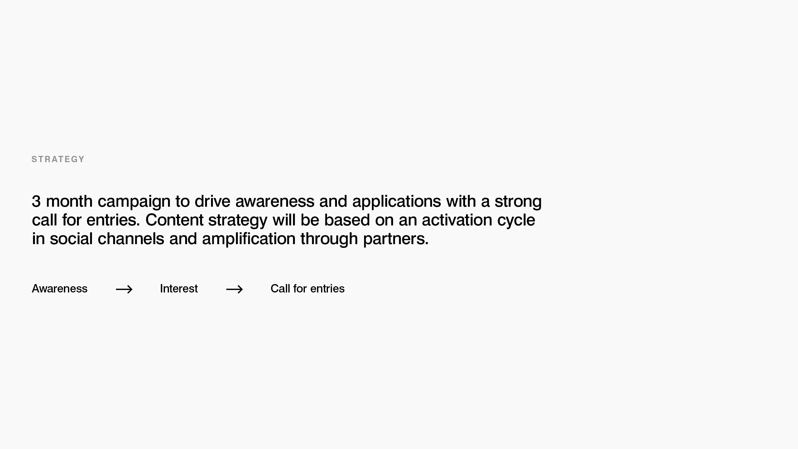 Strategy: 3 month social campaign to drive applications, Awareness → Interest → Call for entries.