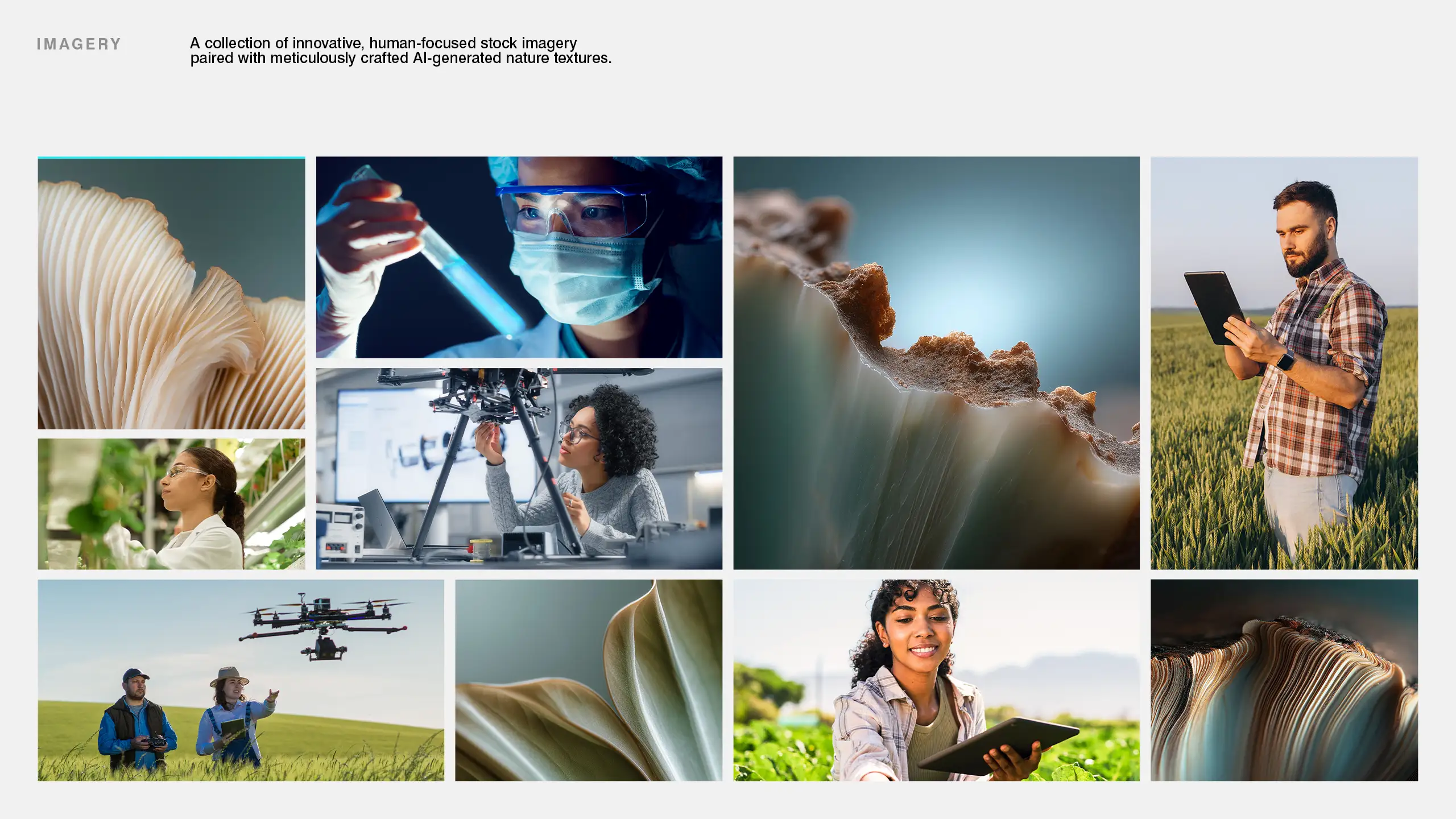 Imagery grid showing diverse human-focused, innovative stock photos and AI-generated nature textures.