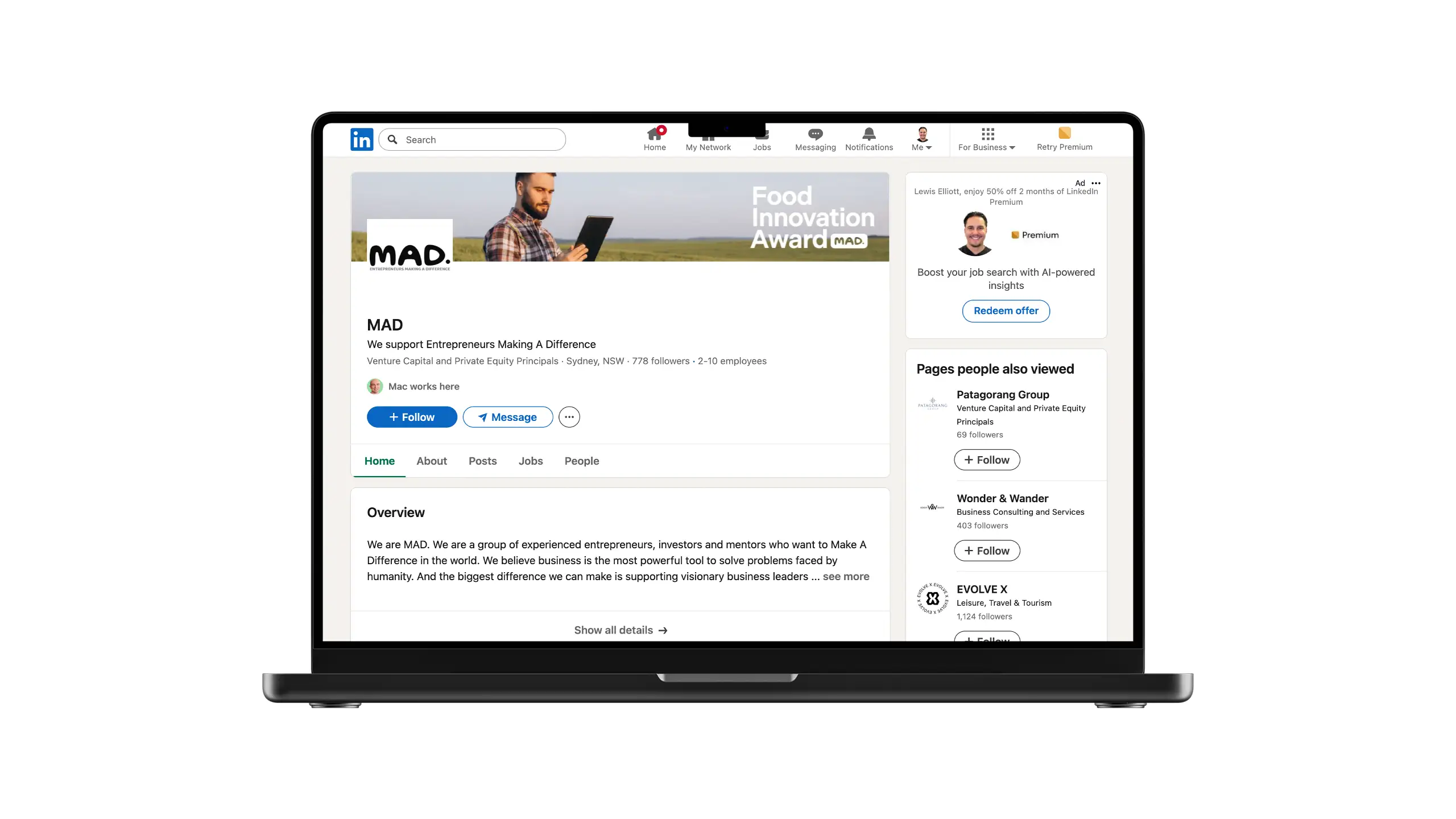 LinkedIn page mockup for MAD Ventures featuring the Food Innovation Award social media banner.