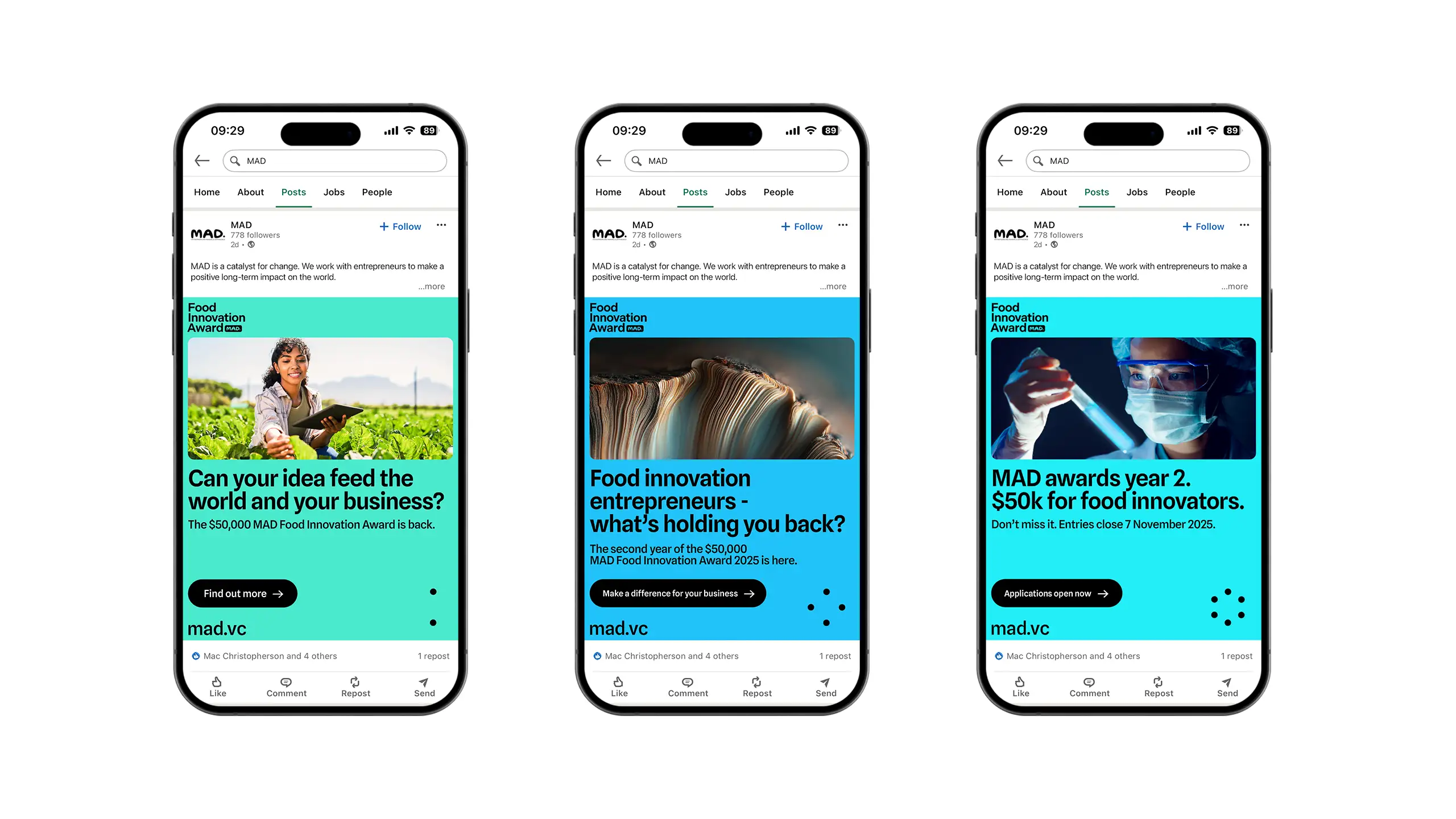 Three mobile mockups of the social media campaign ads on LinkedIn, showcasing different creative posts.