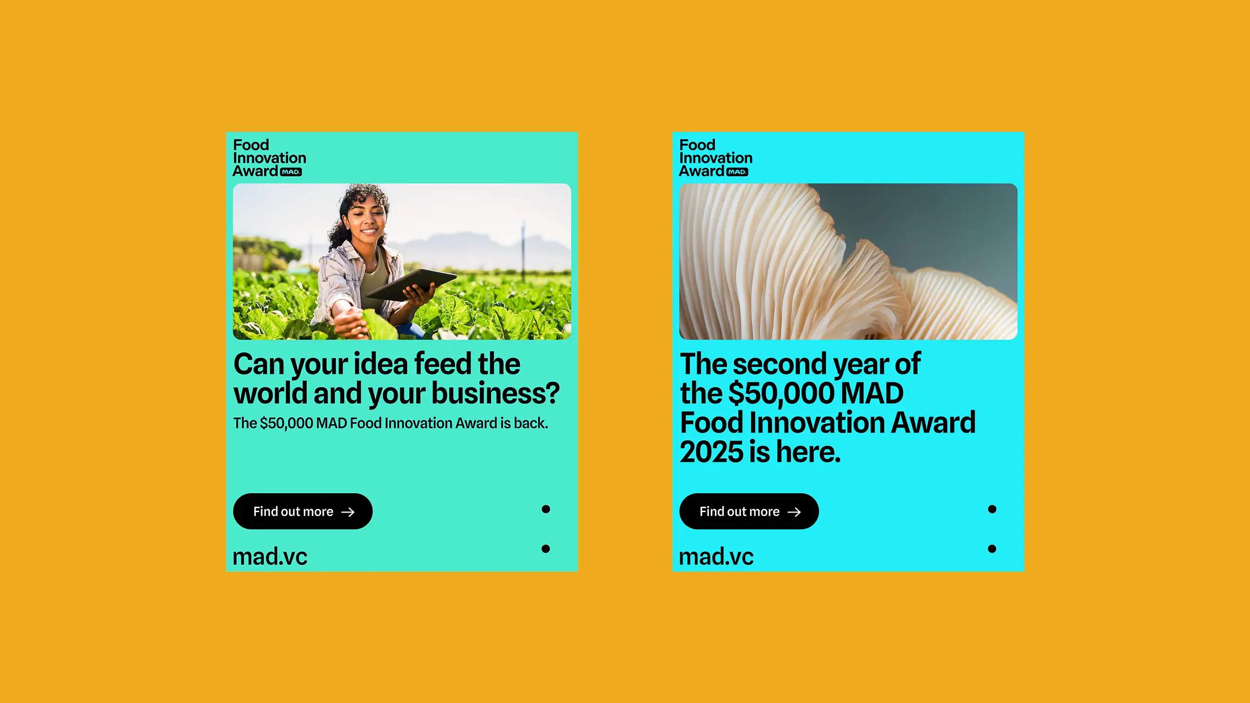 Two social campaign ads: one with a woman in a field, one with a mushroom close-up. Call to action.