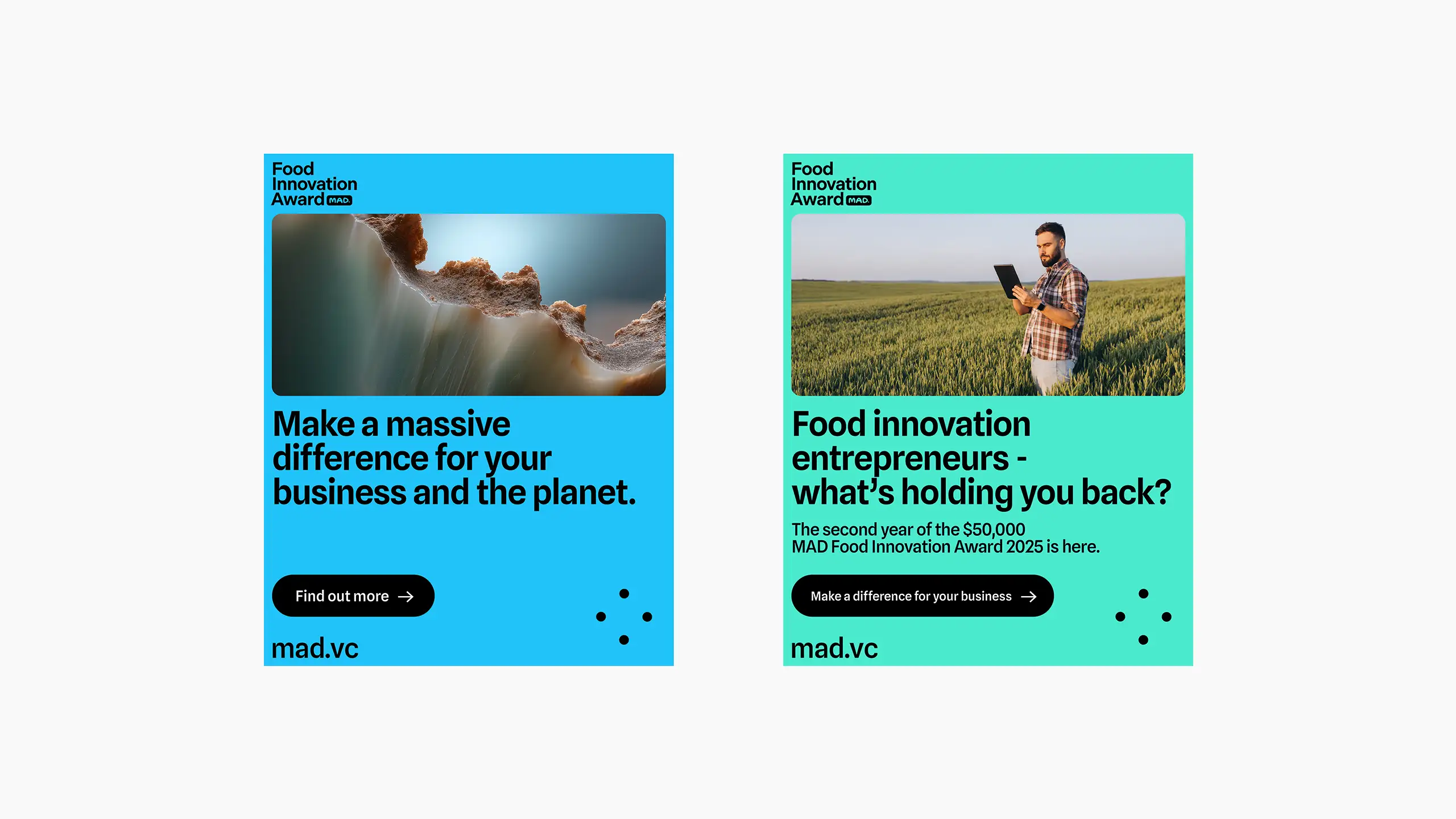 Two social campaign ads: one abstract image, one with a farmer in a field. Focus on business impact.