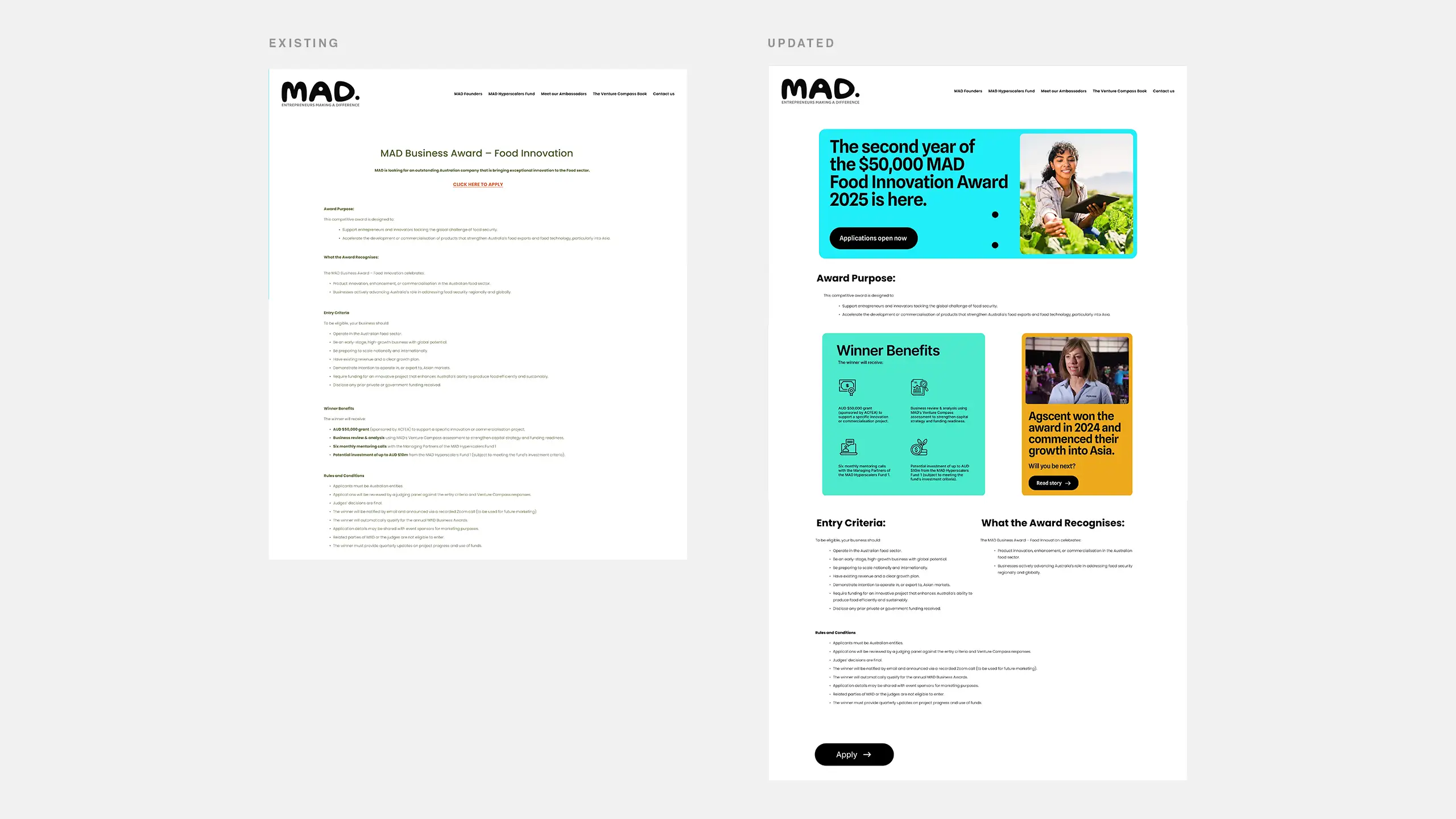 Comparison of the Existing and Updated Award website pages, highlighting new benefits and design.