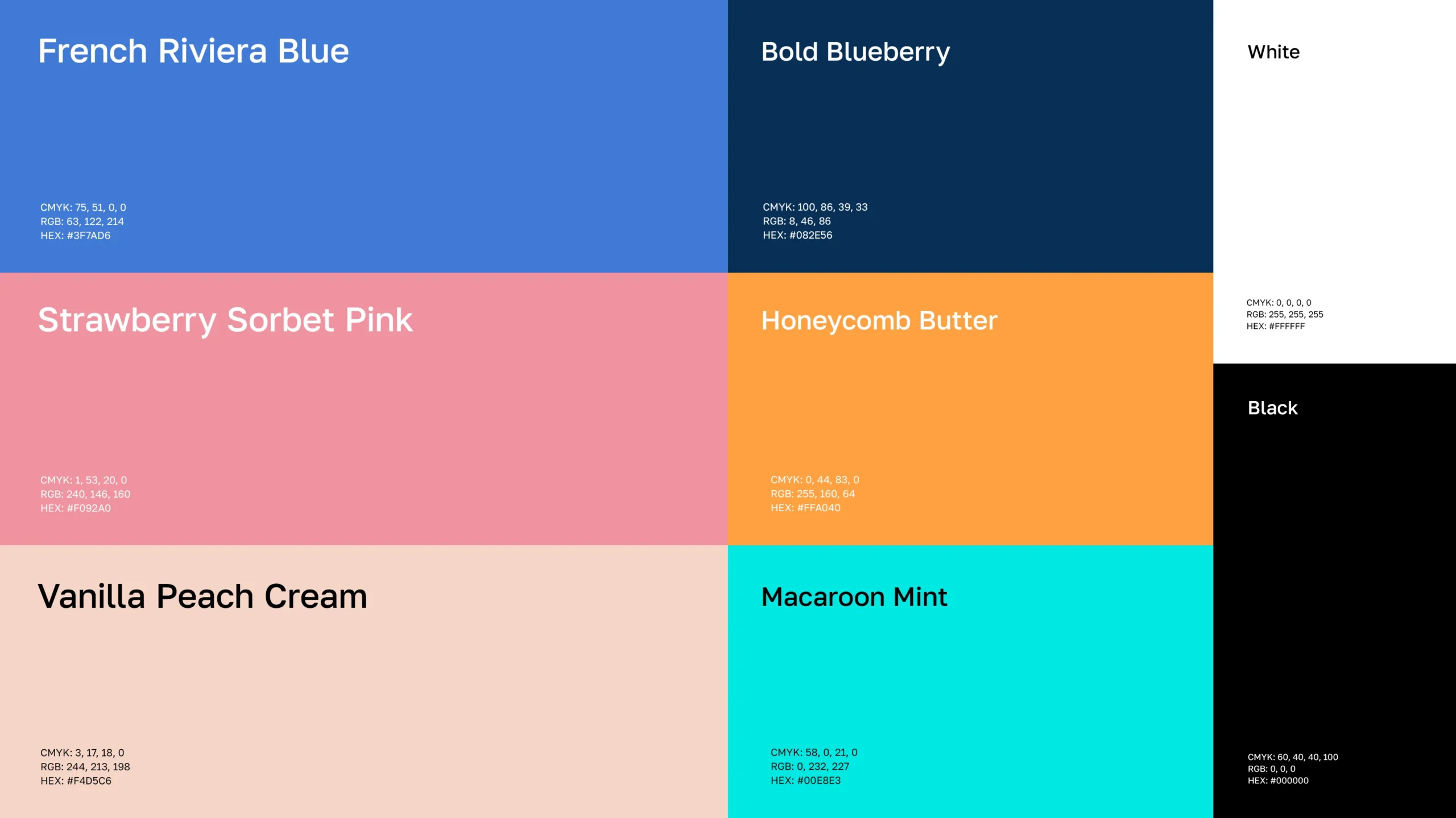 MrandMrsCrepe_Showcase_002 Mr & Mrs Crepe brand color palette with names like French Riviera Blue and Strawberry Sorbet Pink.