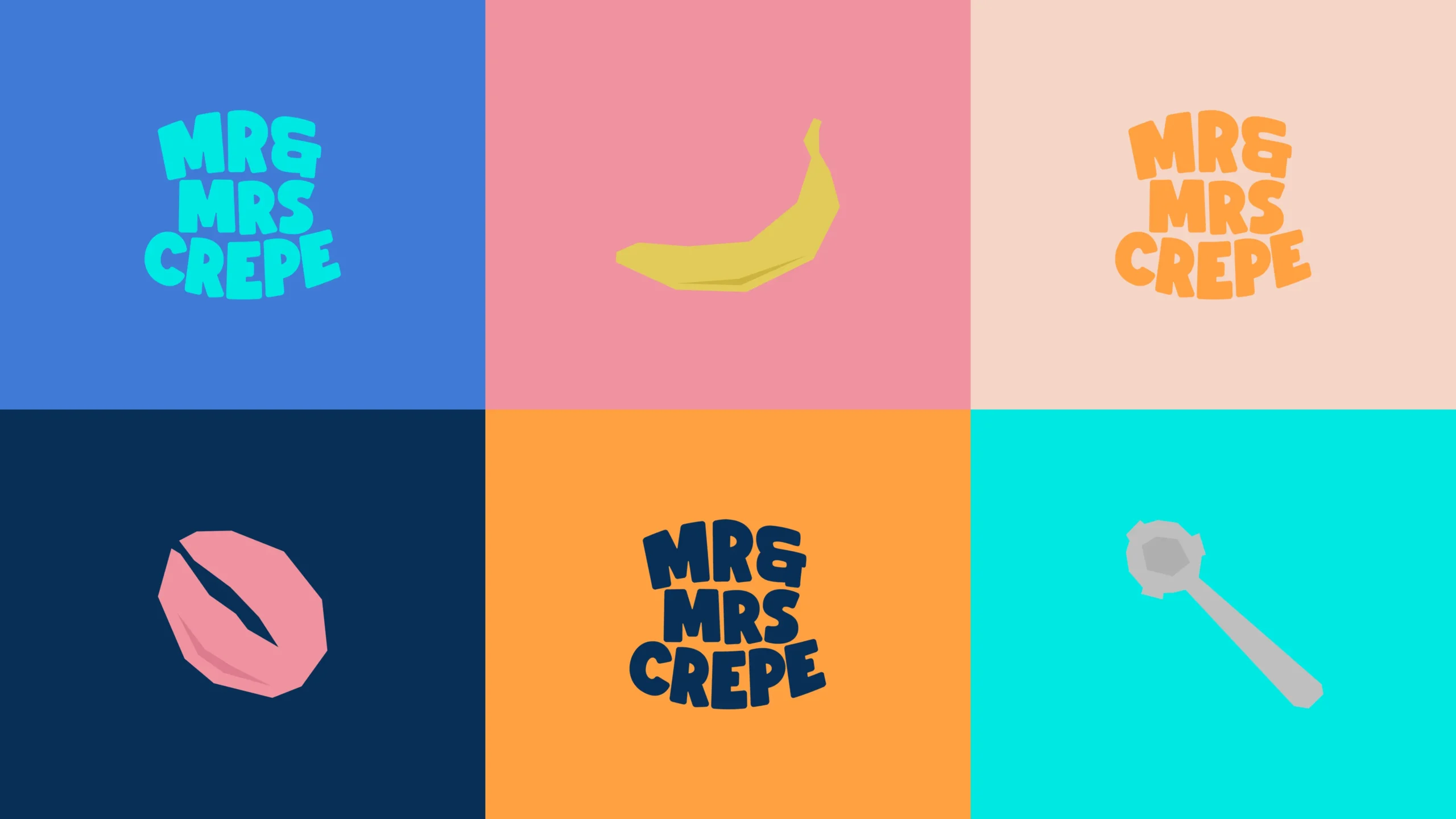 MrandMrsCrepe_Showcase_003 Six panels showing Mr & Mrs Crepe logos and illustrations of crepe ingredients.