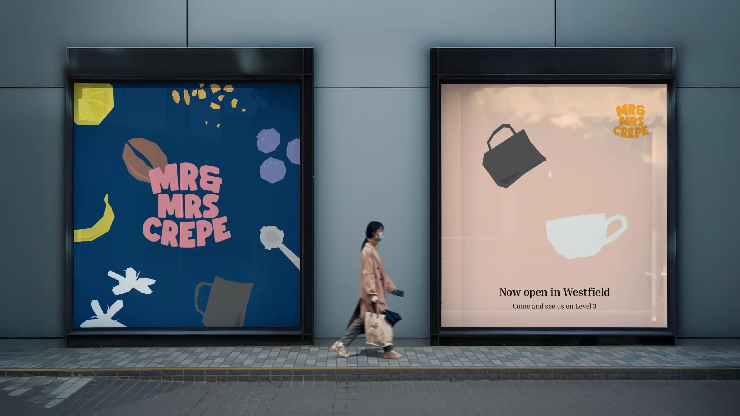 MrandMrsCrepe_Showcase_005 Two outdoor Mr & Mrs Crepe advertisements on a building facade, one playful, one minimalist.