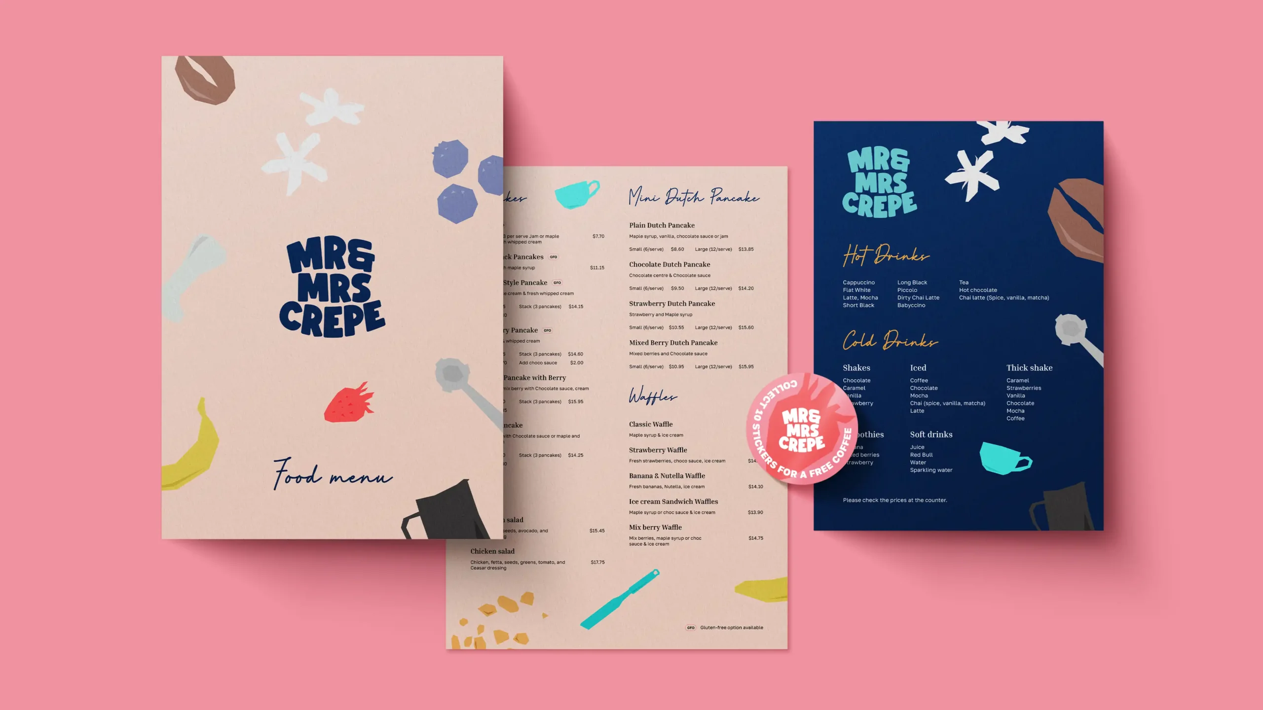 MrandMrsCrepe_Showcase_014 Mr & Mrs Crepe menu design showcasing pancakes, waffles, hot drinks, and cold drinks.