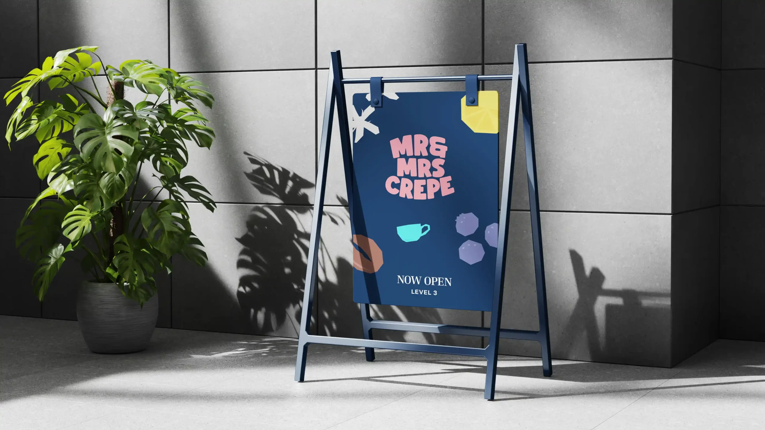 MrandMrsCrepe_Showcase_015 A-frame sign for Mr & Mrs Crepe: "Now open in Westfield, Level 3" with illustrations.