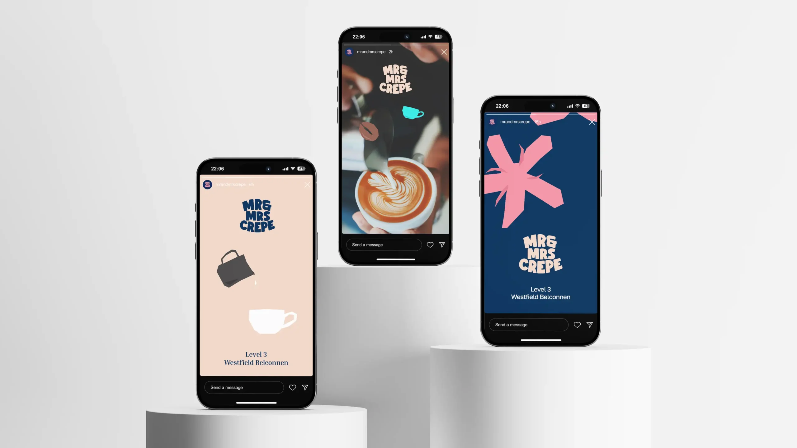 MrandMrsCrepe_Showcase_016 Three mobile phone screens showing Mr & Mrs Crepe Instagram story designs, including a latte art.