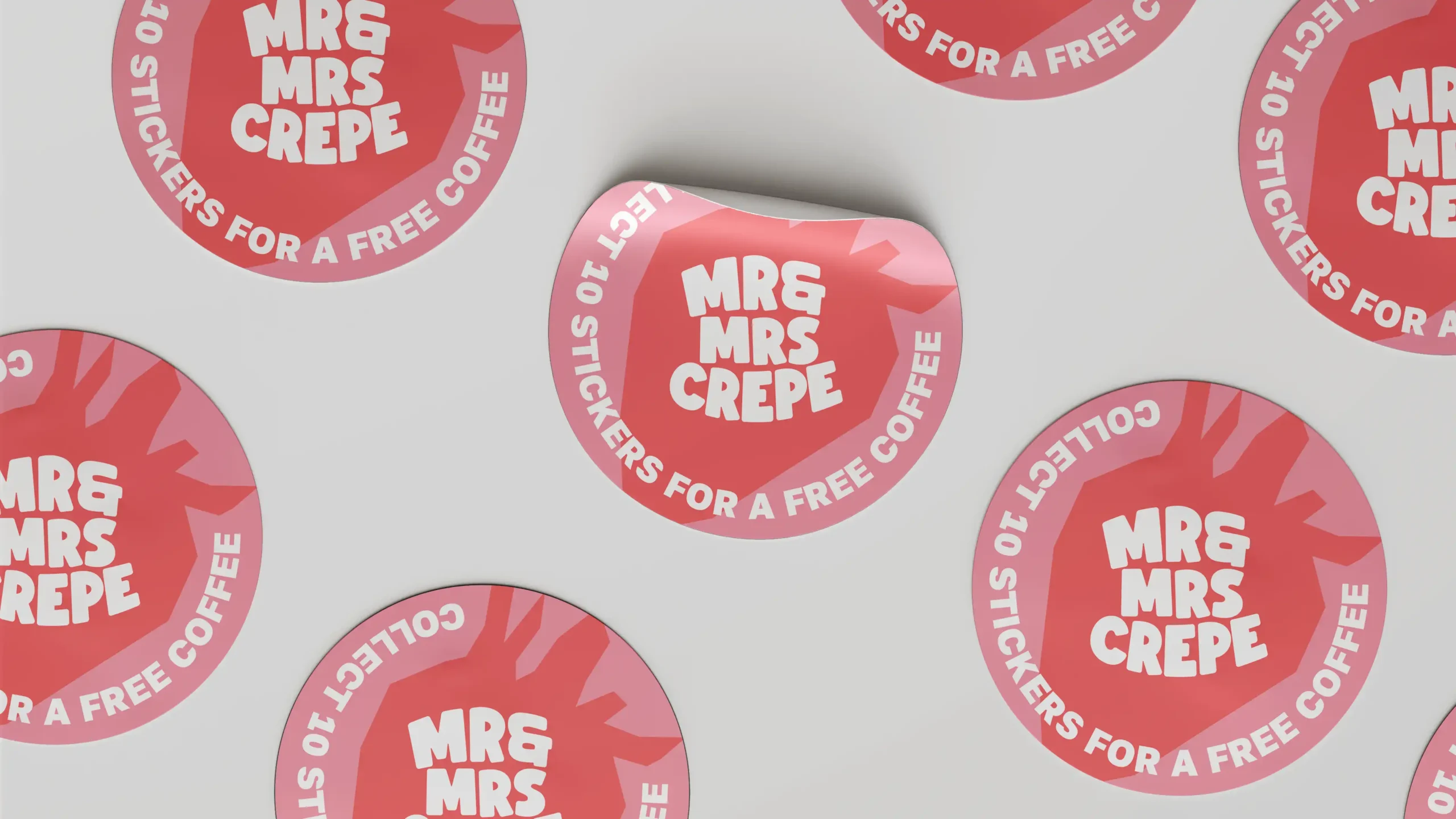 MrandMrsCrepe_Showcase_017 Multiple round Mr & Mrs Crepe loyalty stickers with text "COLLECT 10 STICKERS FOR A FREE COFFEE".