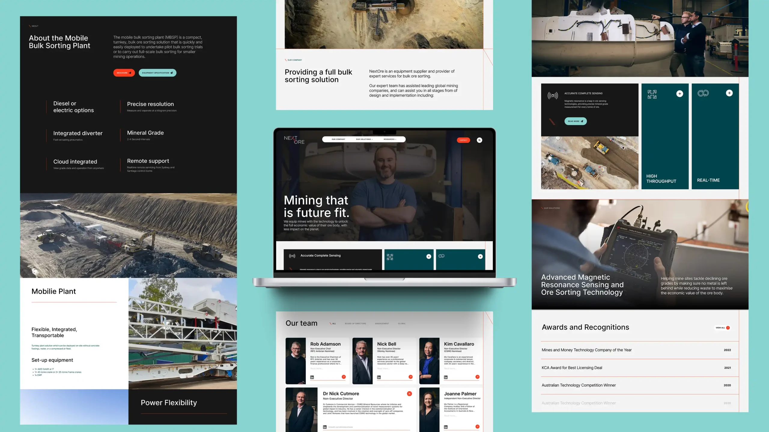 Collage of NextOre website pages: Mobile Bulk Sorting Plant, team bios, and technology.