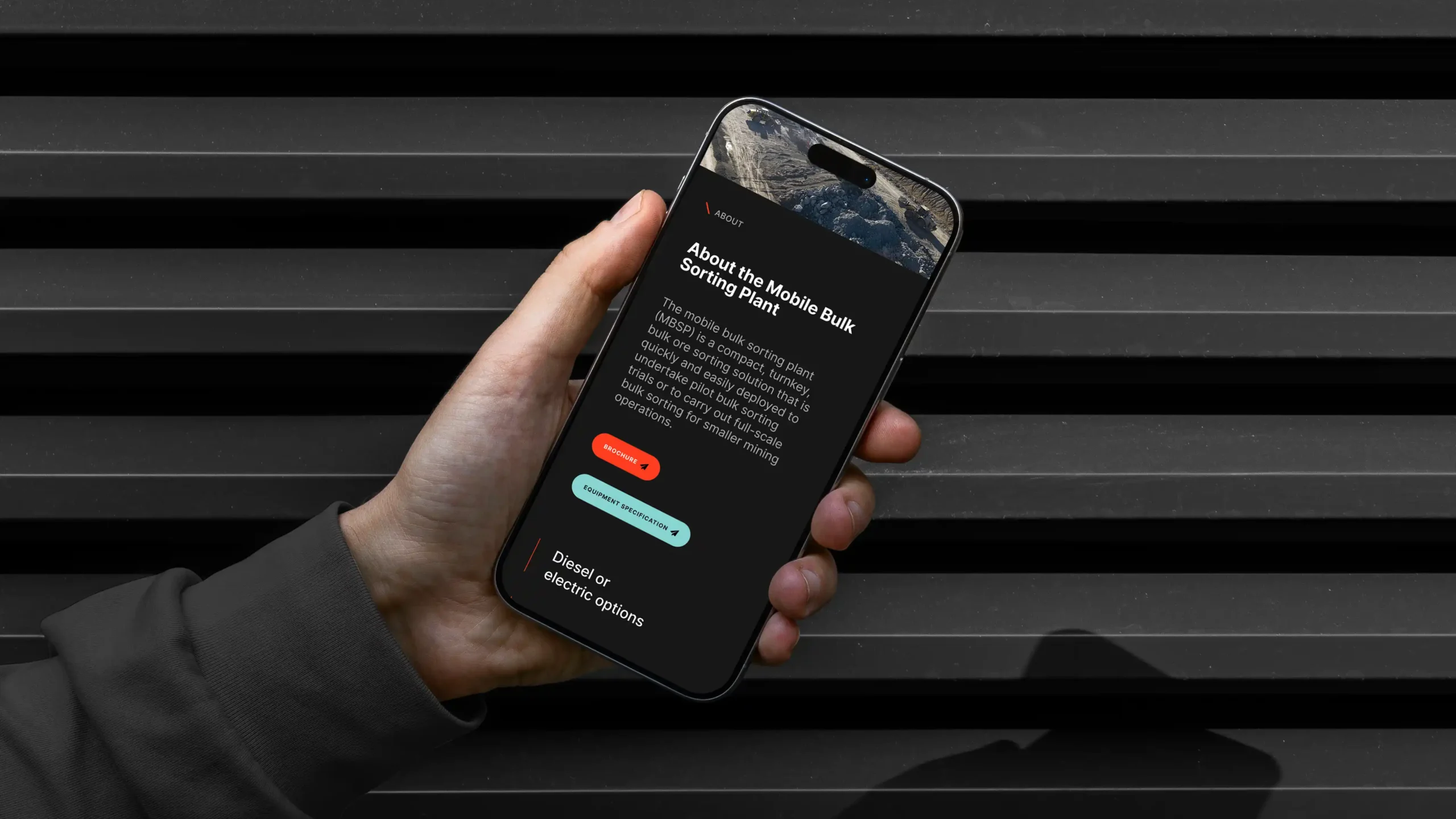 Smartphone displaying NextOre mobile bulk sorting plant details and equipment options.