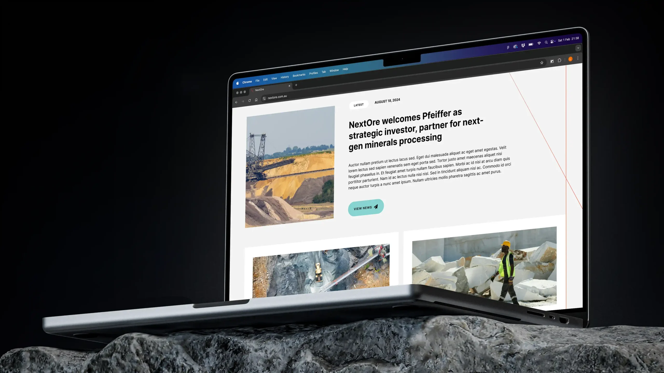 Laptop showing NextOre website news article about a new strategic investor.