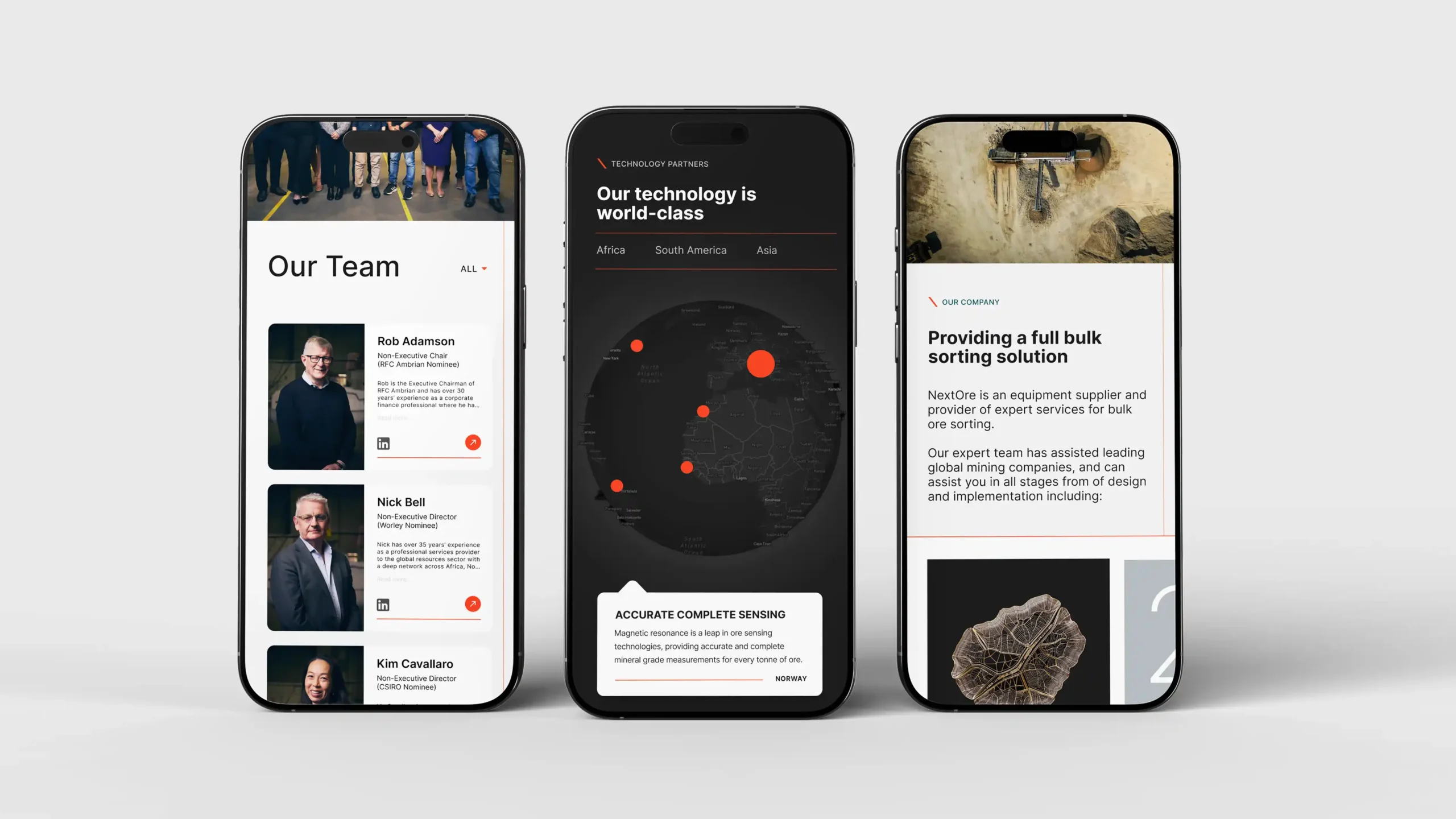 Three smartphones showcasing NextOre team bios, global technology partners map, and company info.